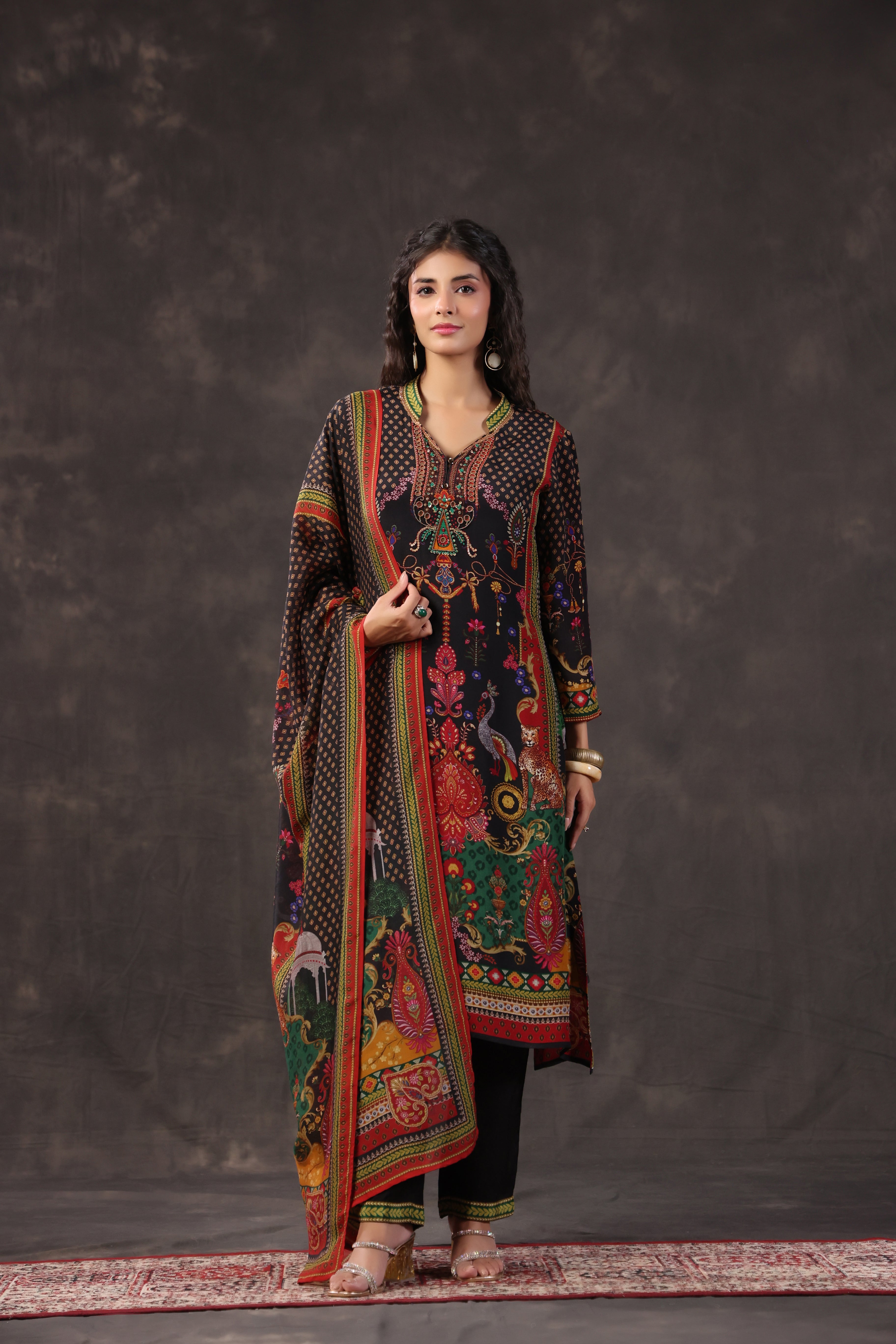 Midnight Black Printed Crepe Silk Pant Set