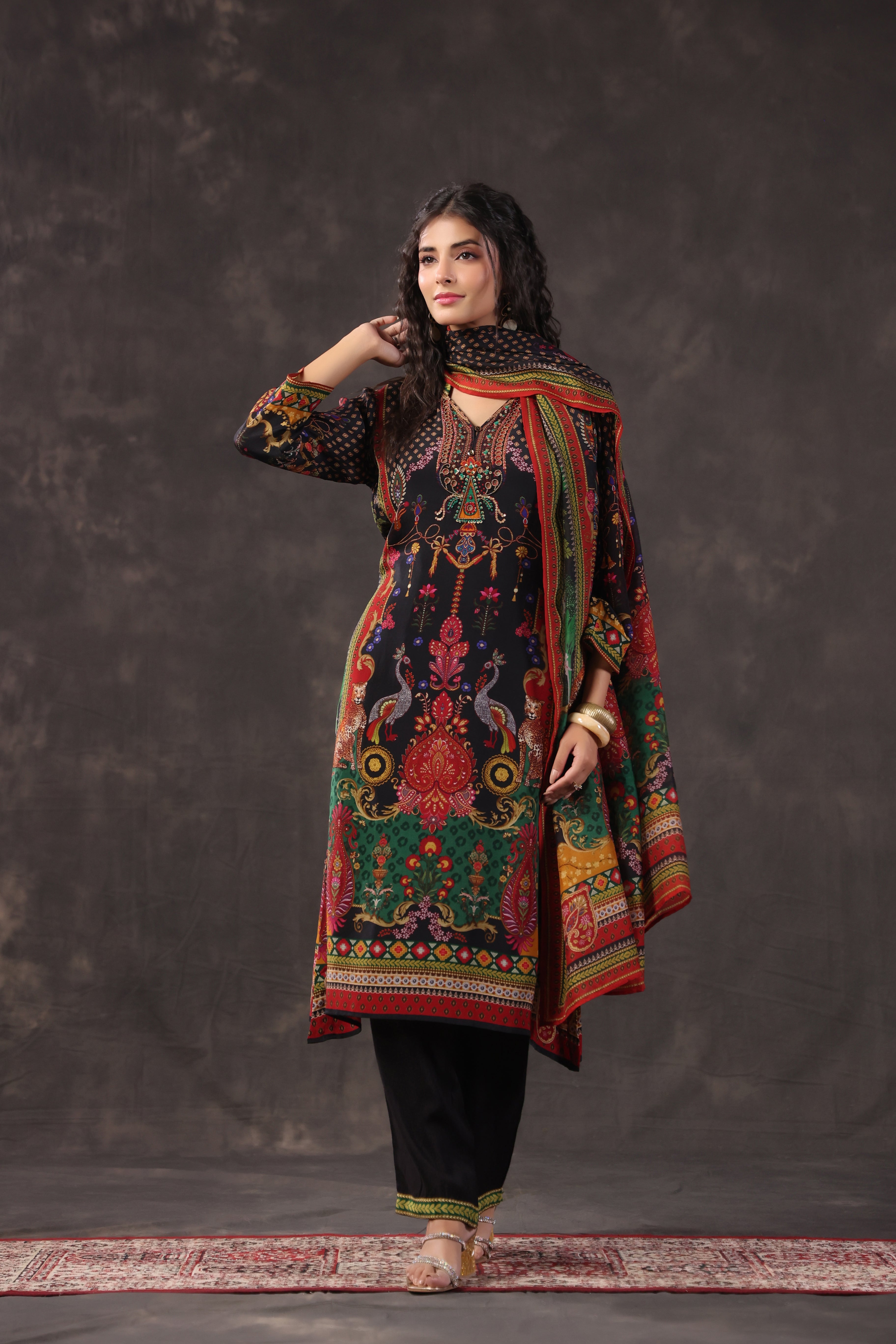 Midnight Black Printed Crepe Silk Pant Set