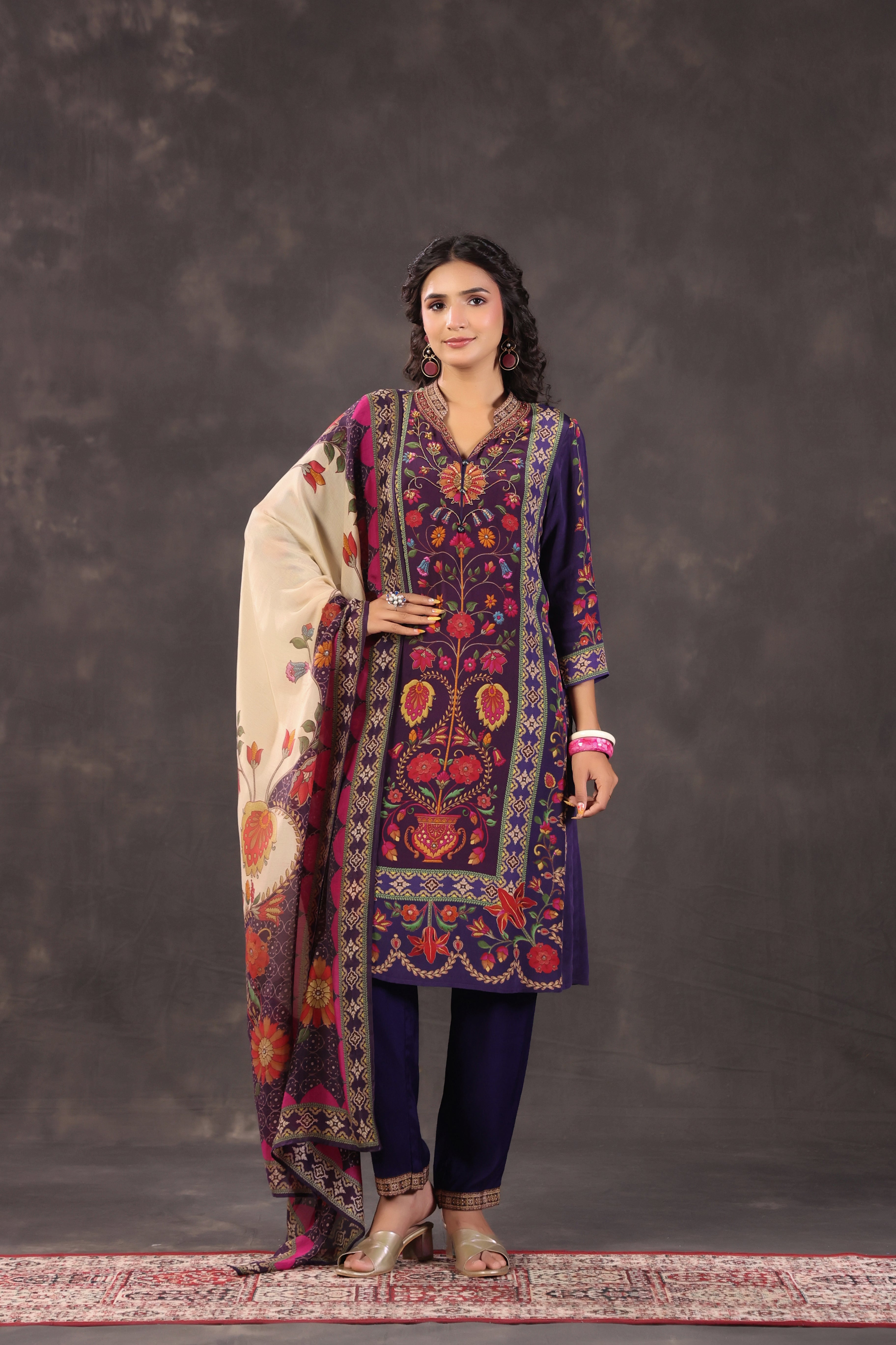 Indigo Floral Printed Crepe Silk Pant Set