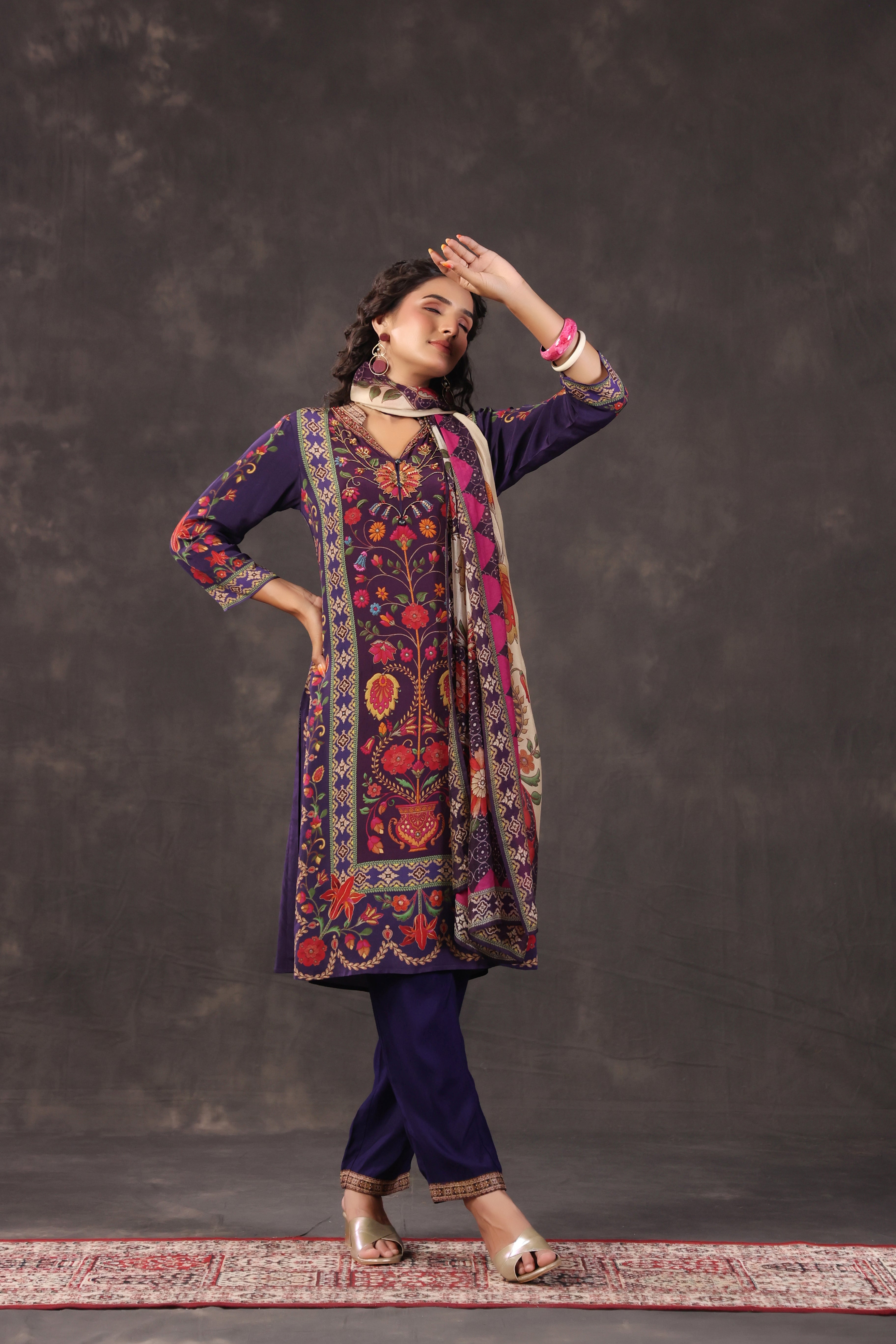 Indigo Floral Printed Crepe Silk Pant Set