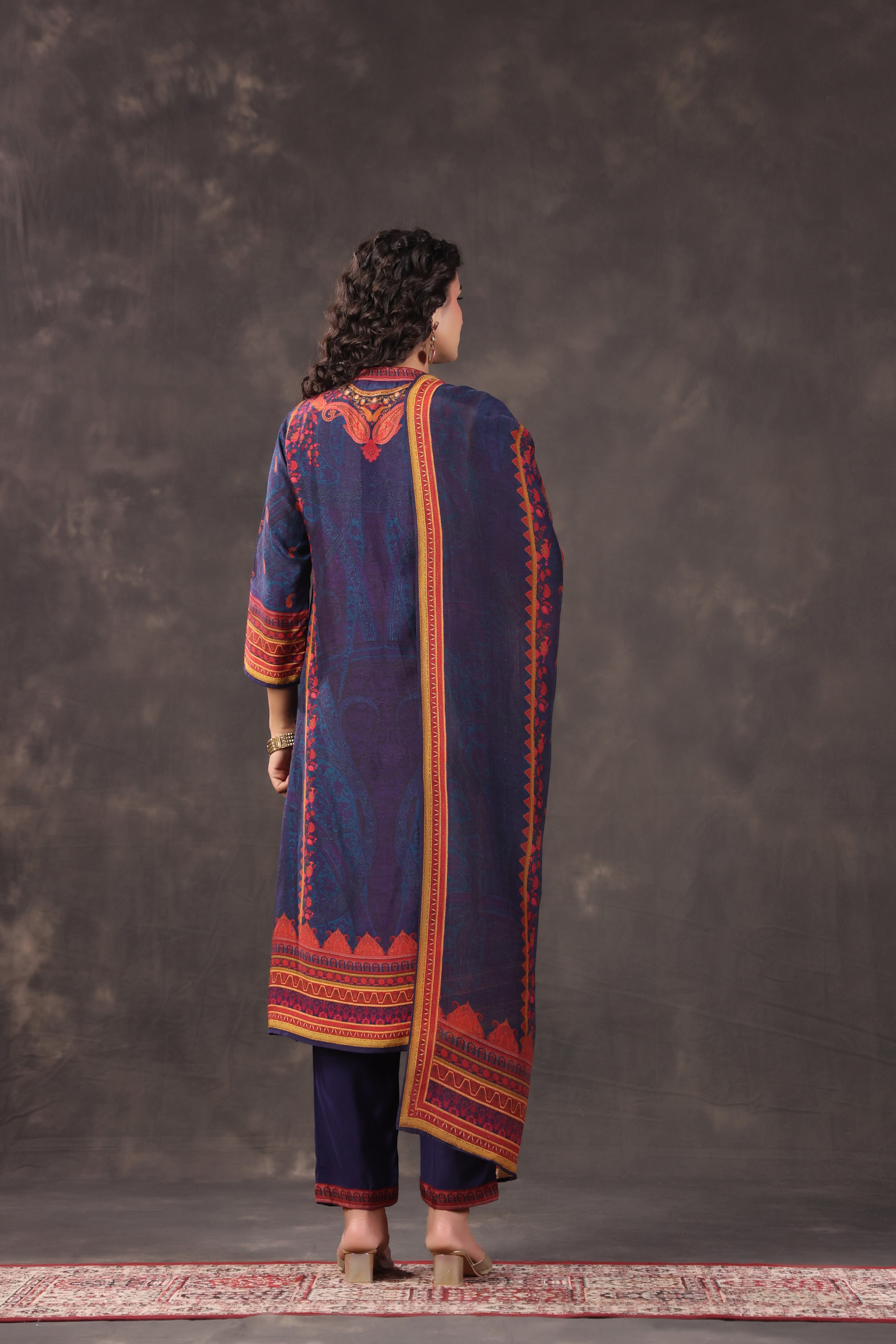 Navy Blue Printed Dola Silk Pant Set