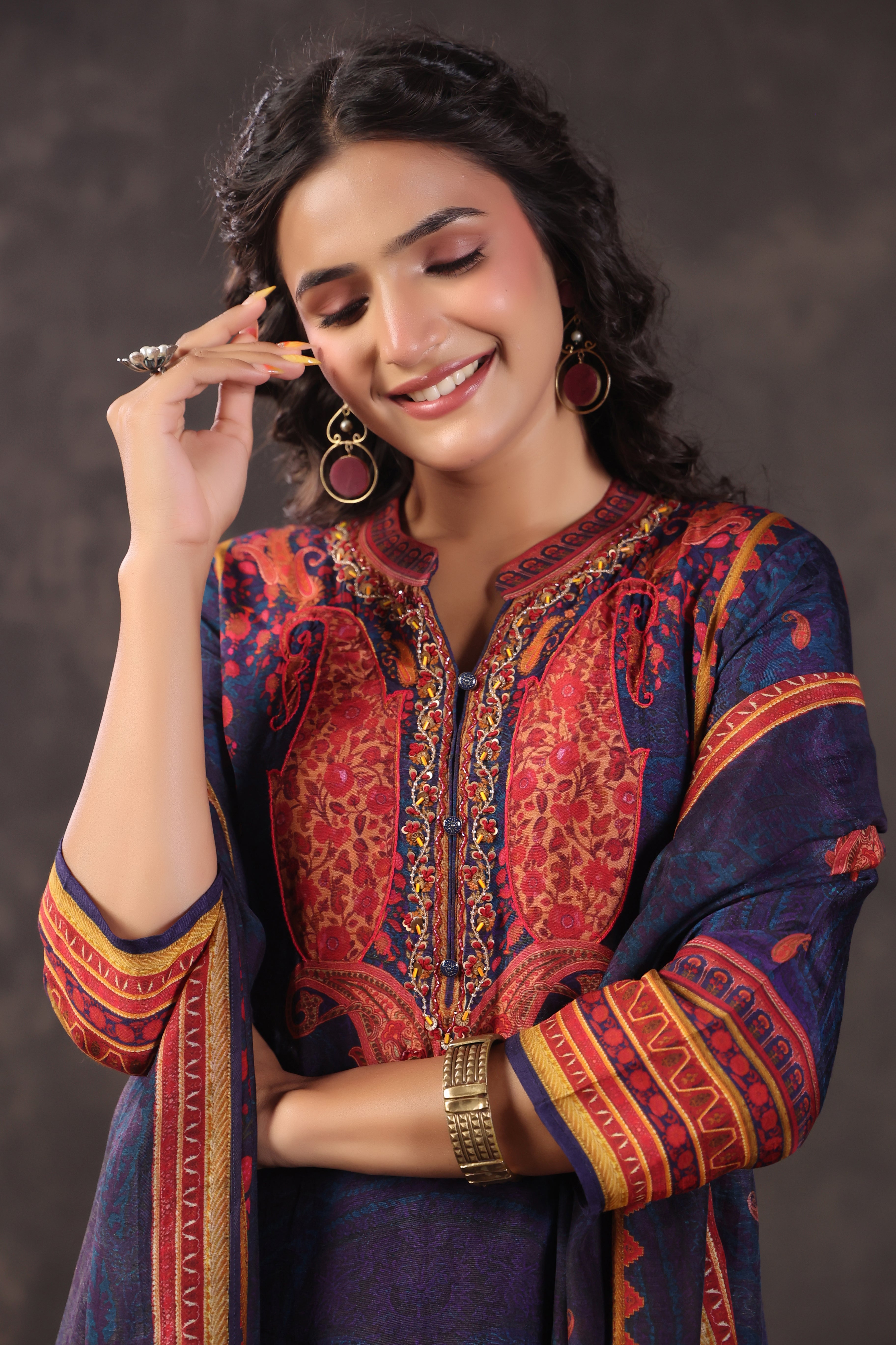 Navy Blue Printed Dola Silk Pant Set