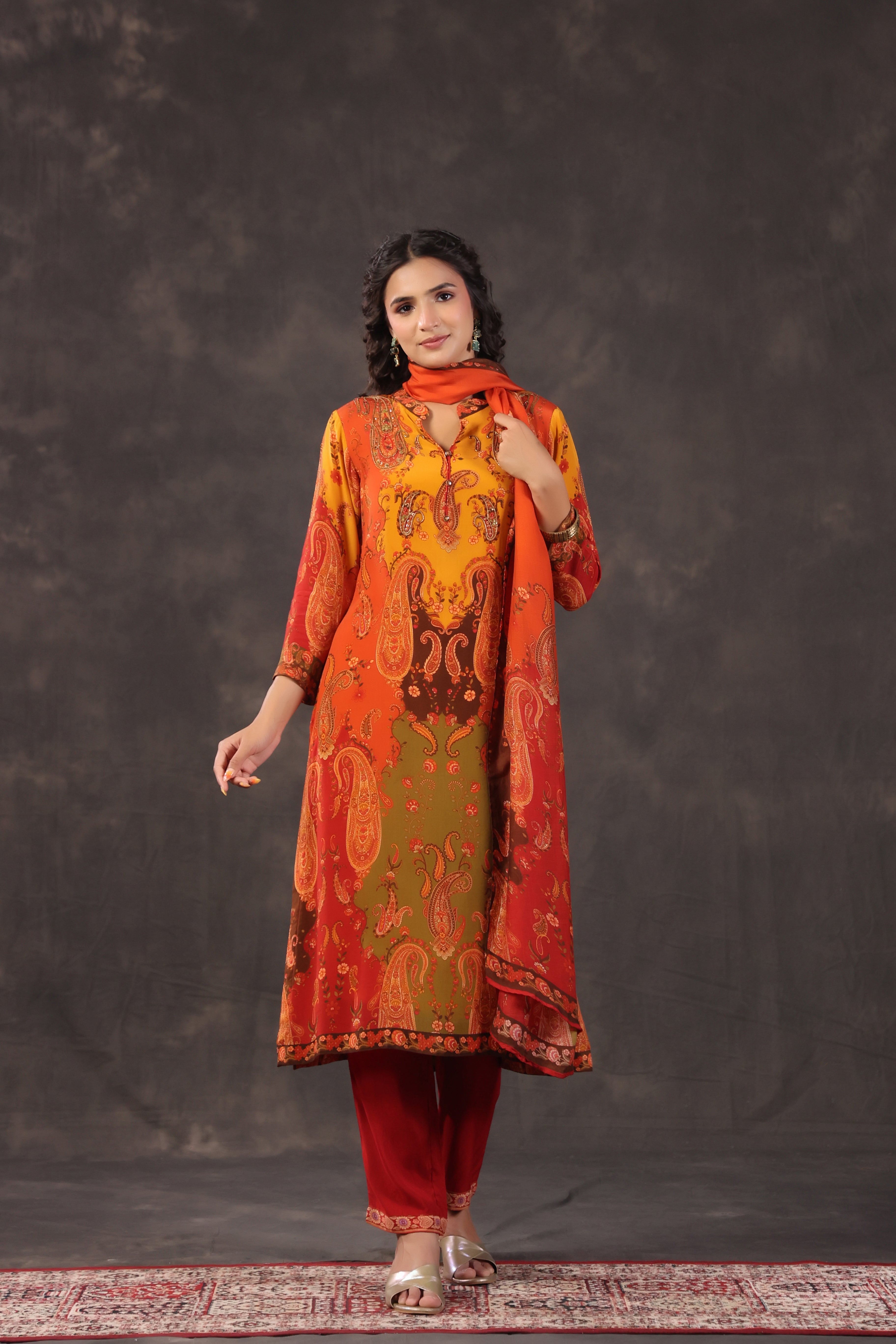 Fiery Rust Printed Crepe Silk Pant Set