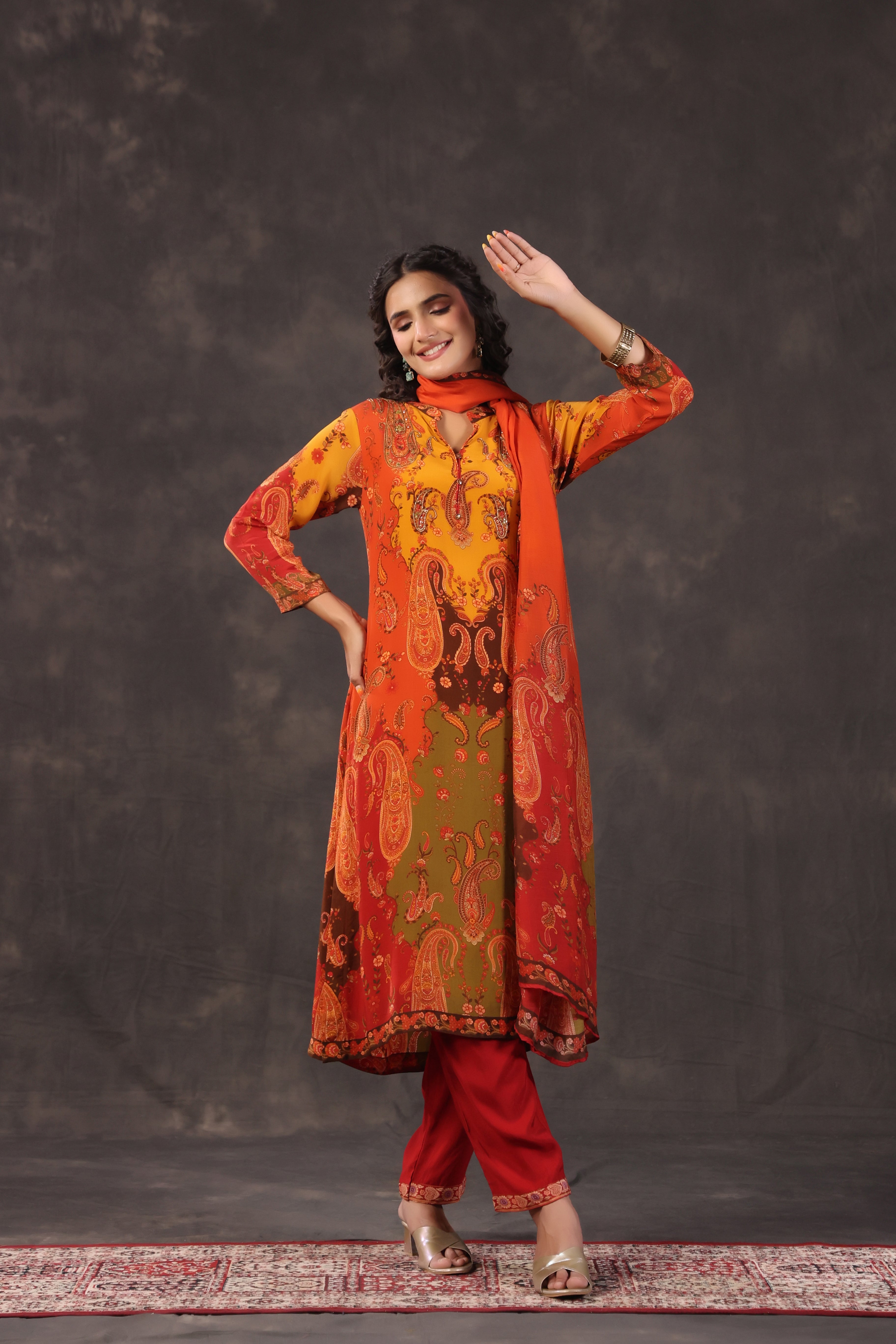 Fiery Rust Printed Crepe Silk Pant Set