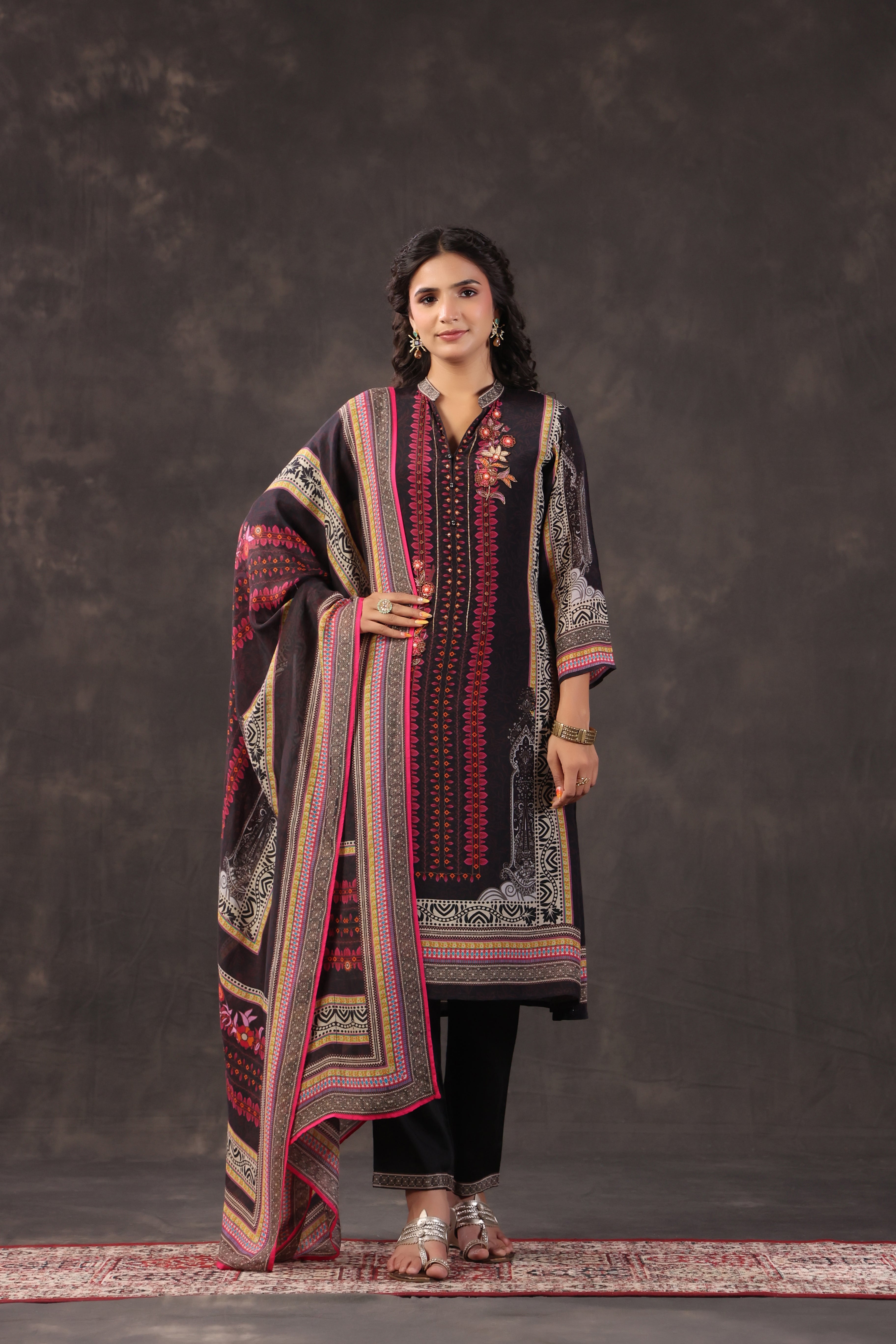 Charcoal Black Printed Crepe Silk Pant Set