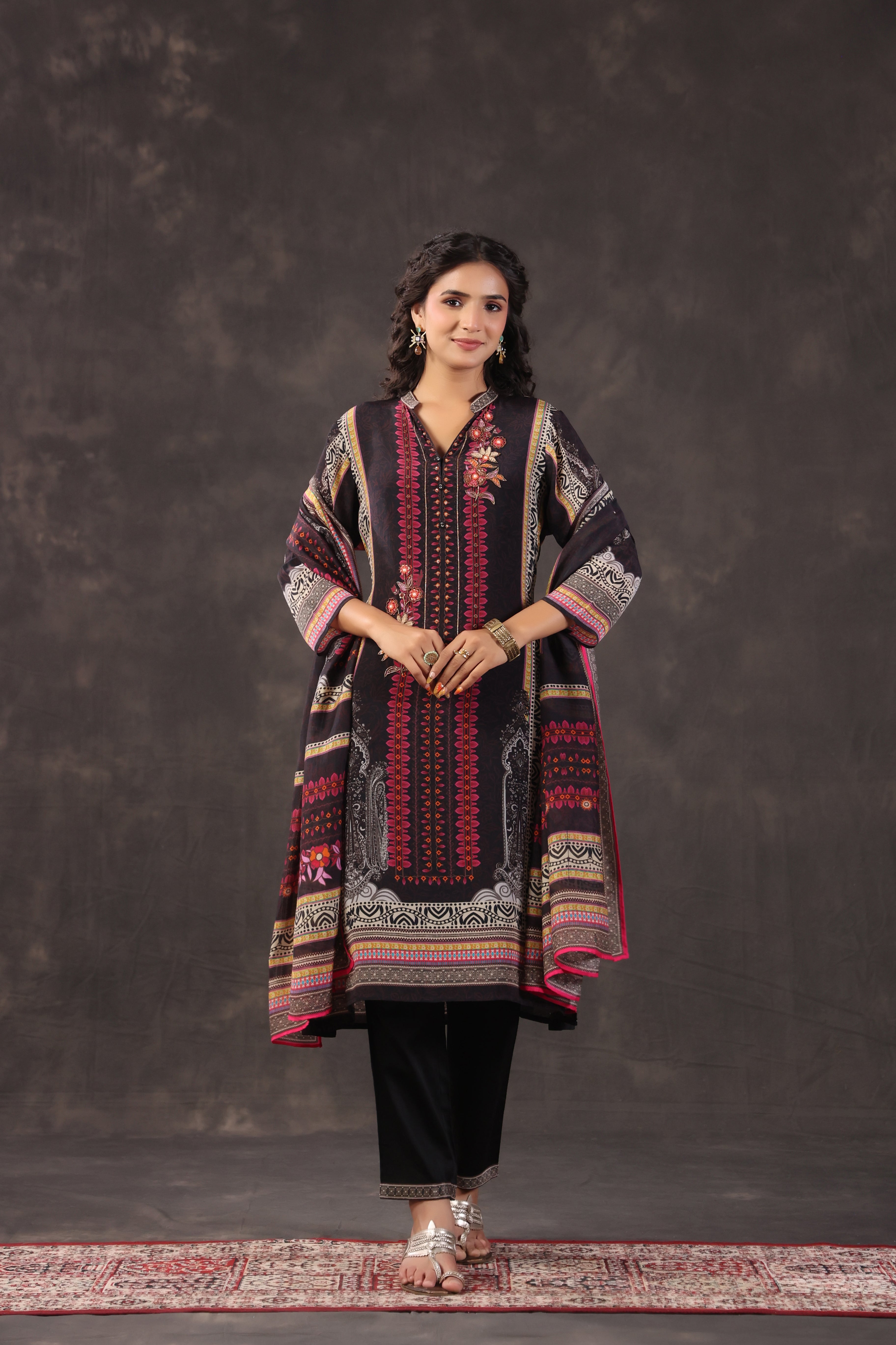 Charcoal Black Printed Crepe Silk Pant Set
