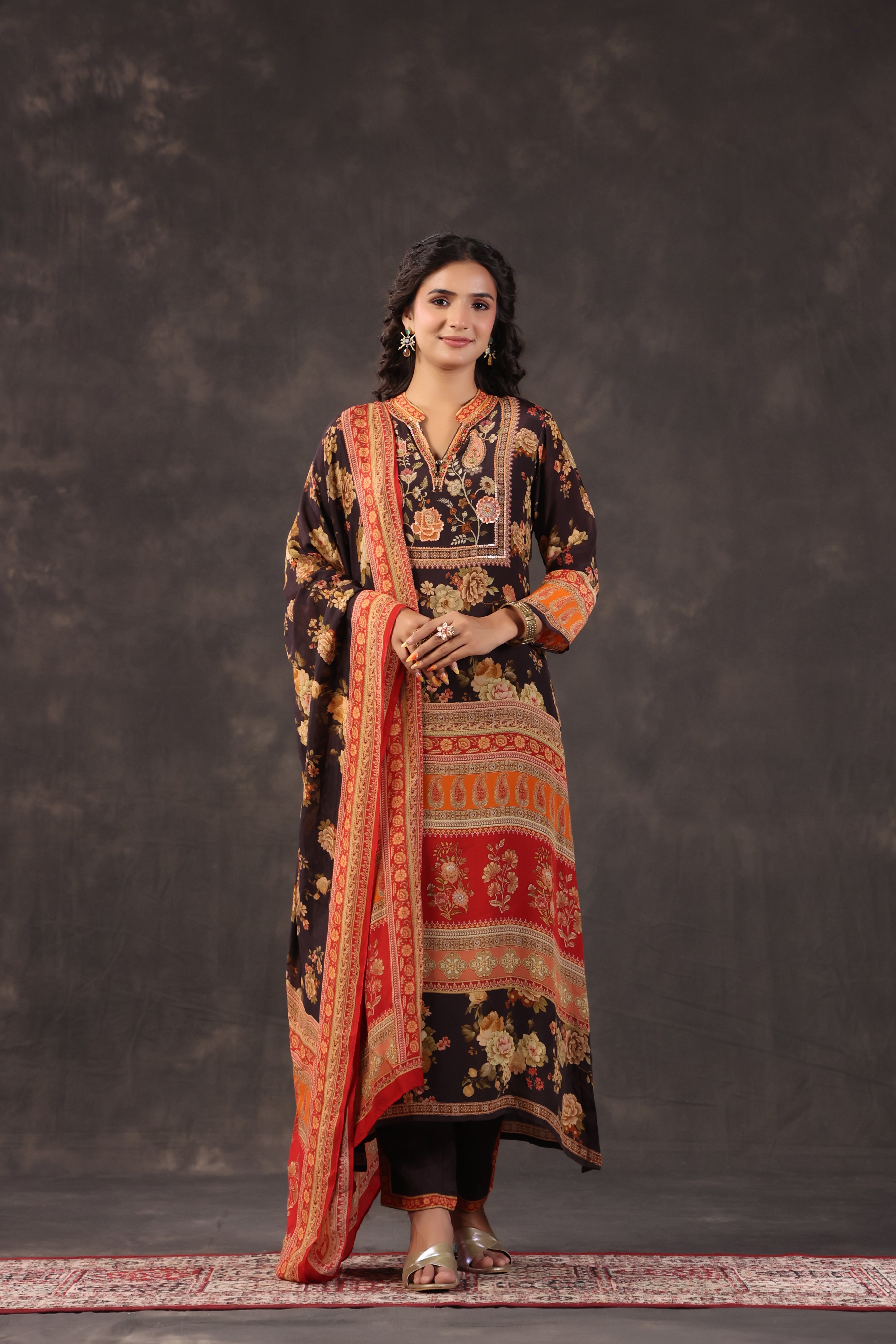Espresso Printed Crepe Silk Pant Set