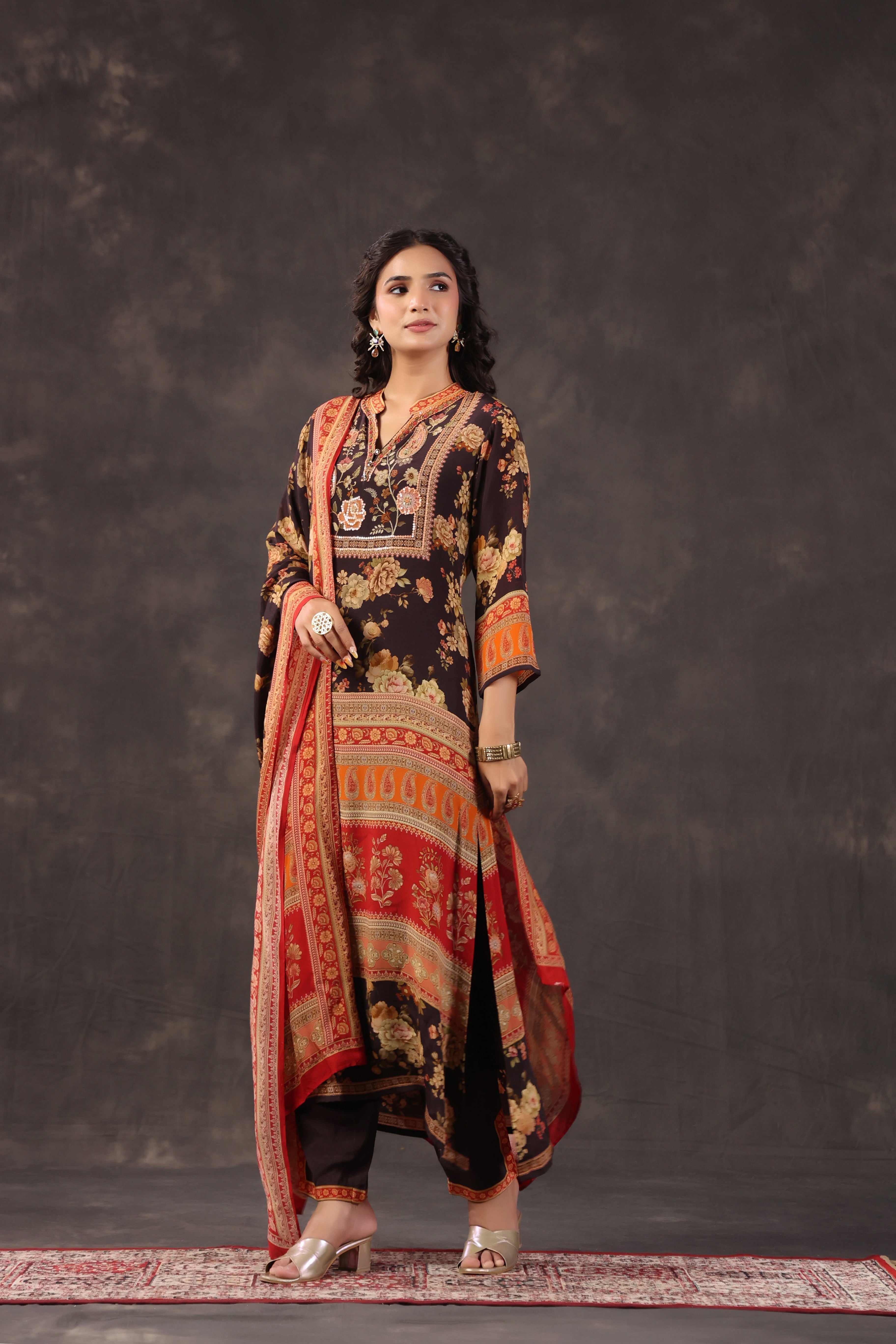 Espresso Printed Crepe Silk Pant Set