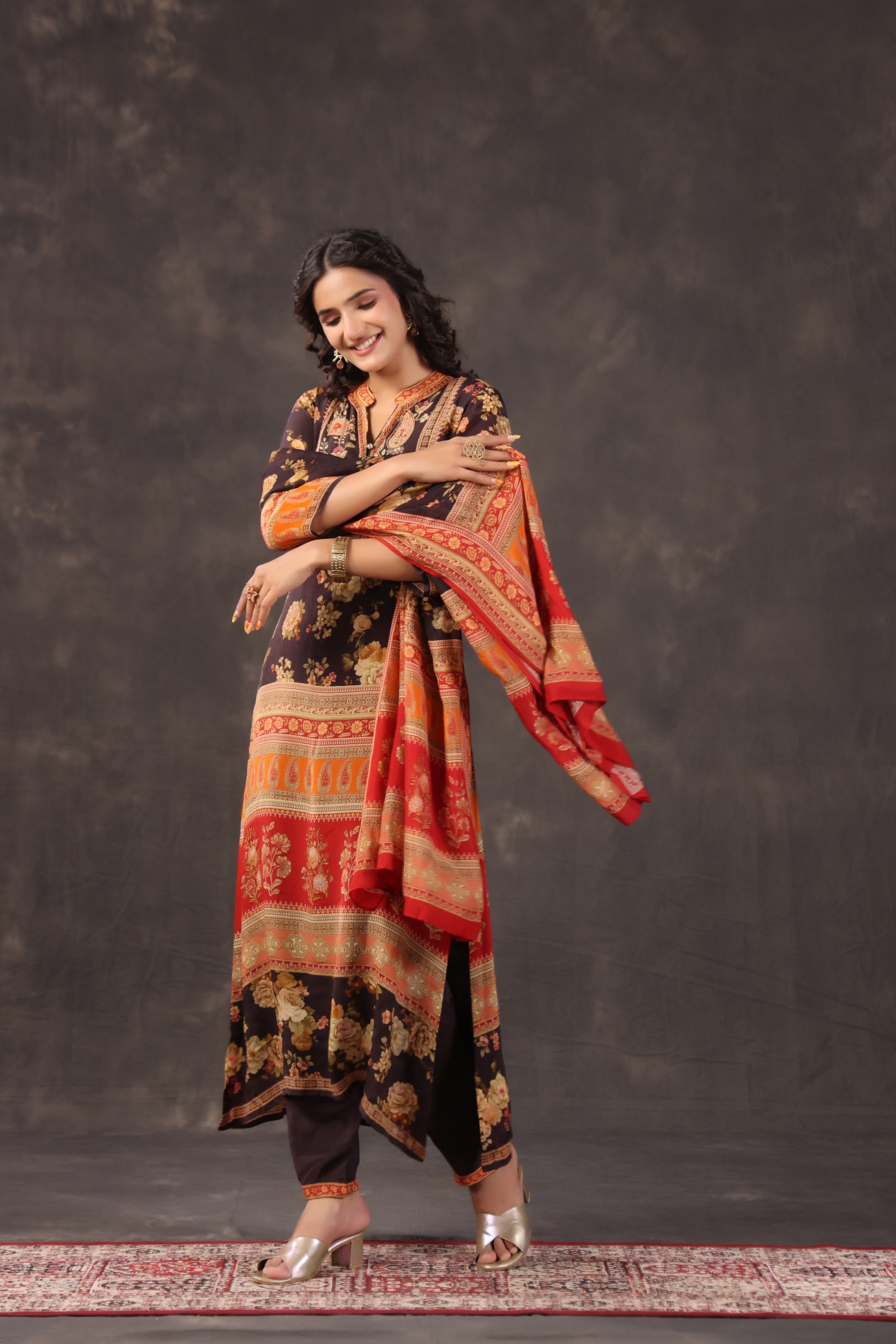 Espresso Printed Crepe Silk Pant Set