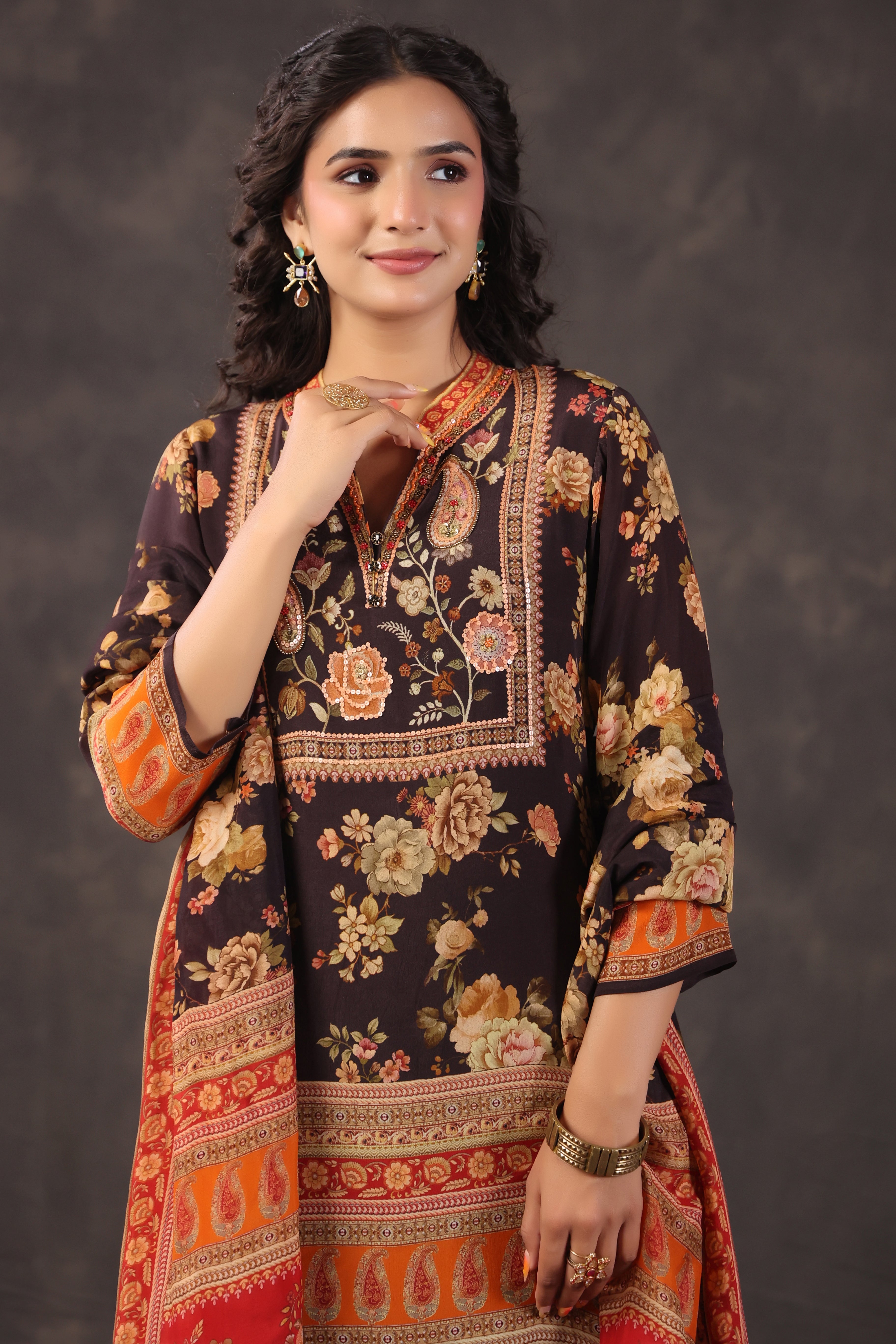 Espresso Printed Crepe Silk Pant Set