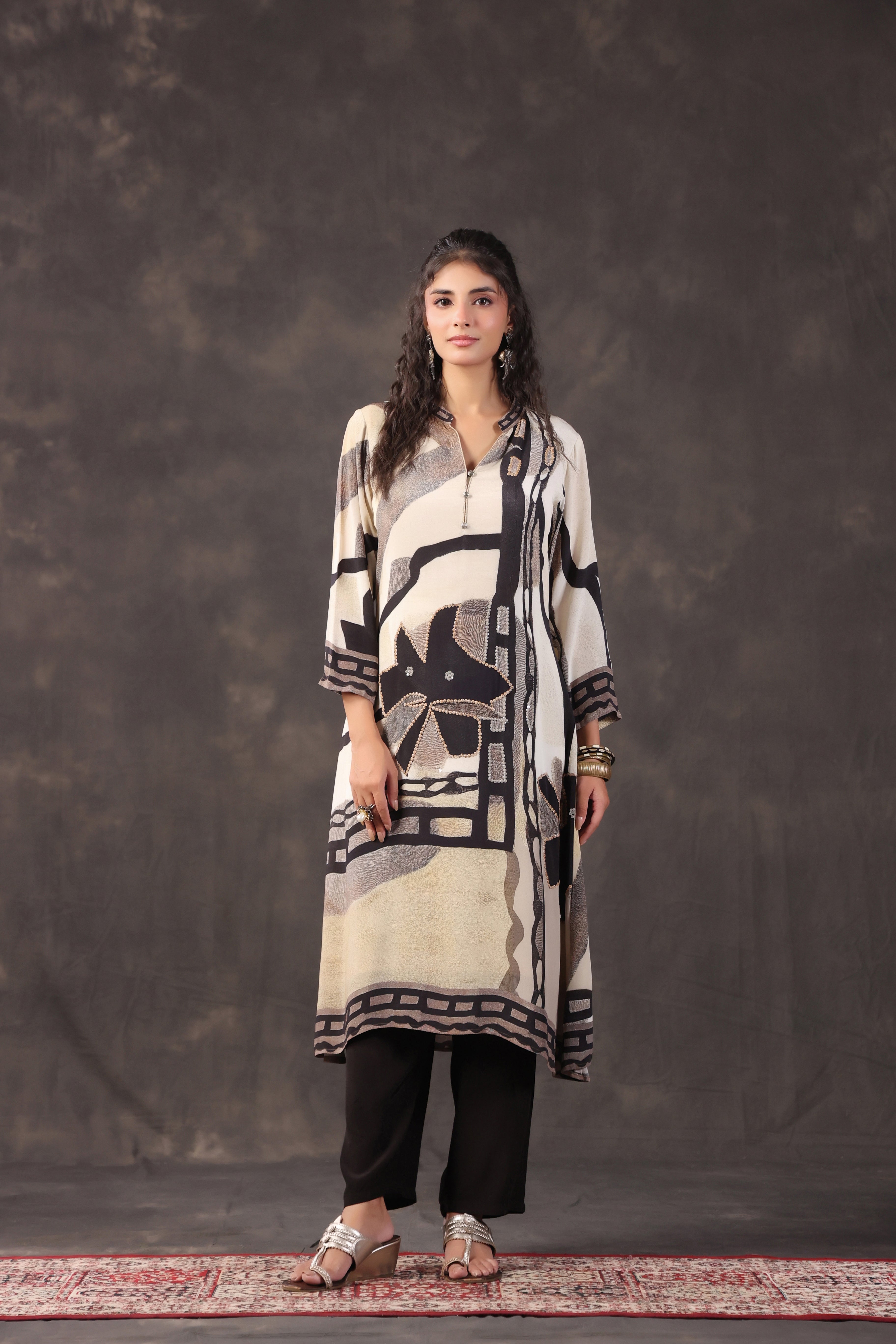 Monochrome Abstract Printed Crepe Silk Kurta Set