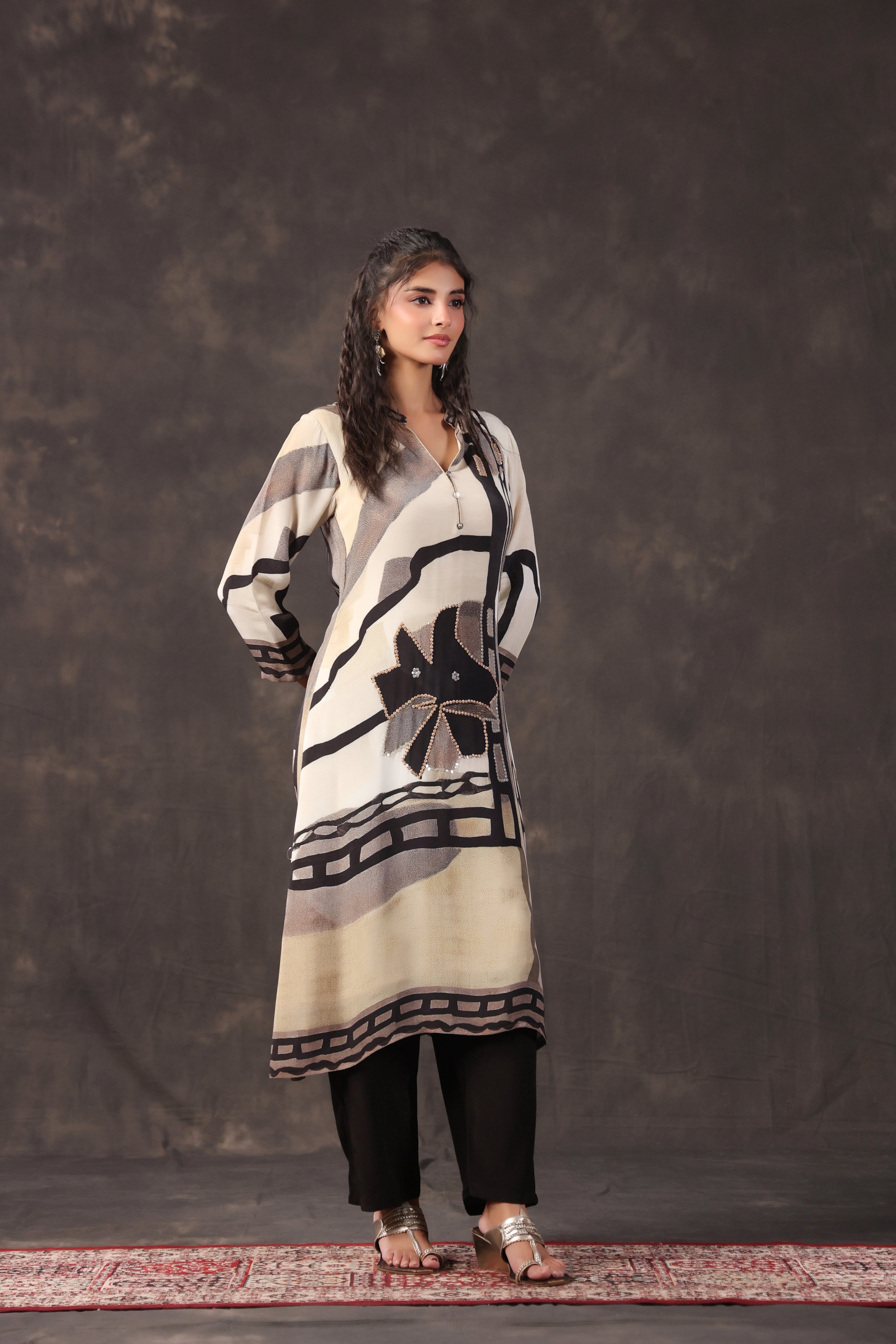 Monochrome Abstract Printed Crepe Silk Kurta Set