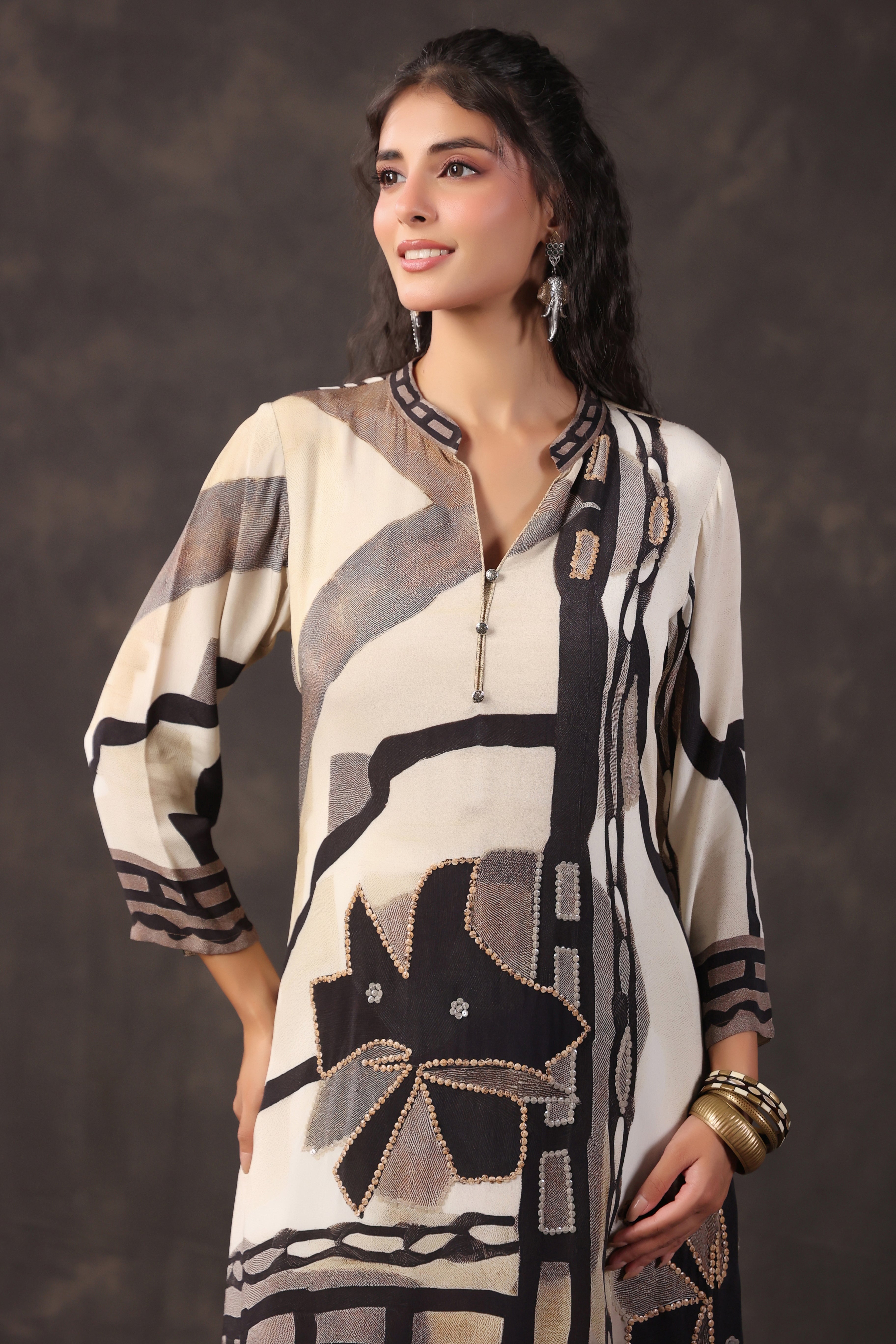 Monochrome Abstract Printed Crepe Silk Kurta Set