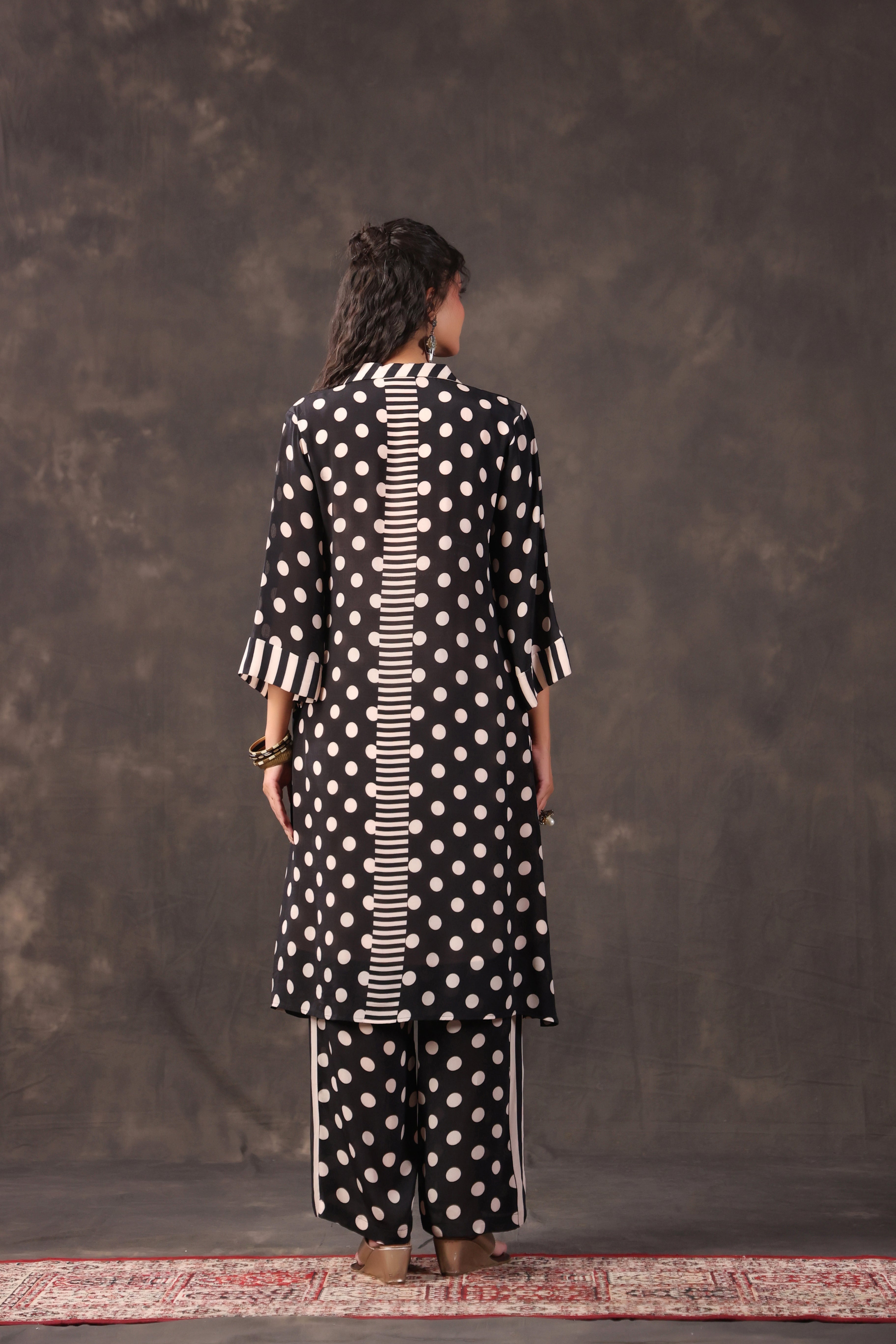 Black Polka Printed Crepe Silk Kurta Set
