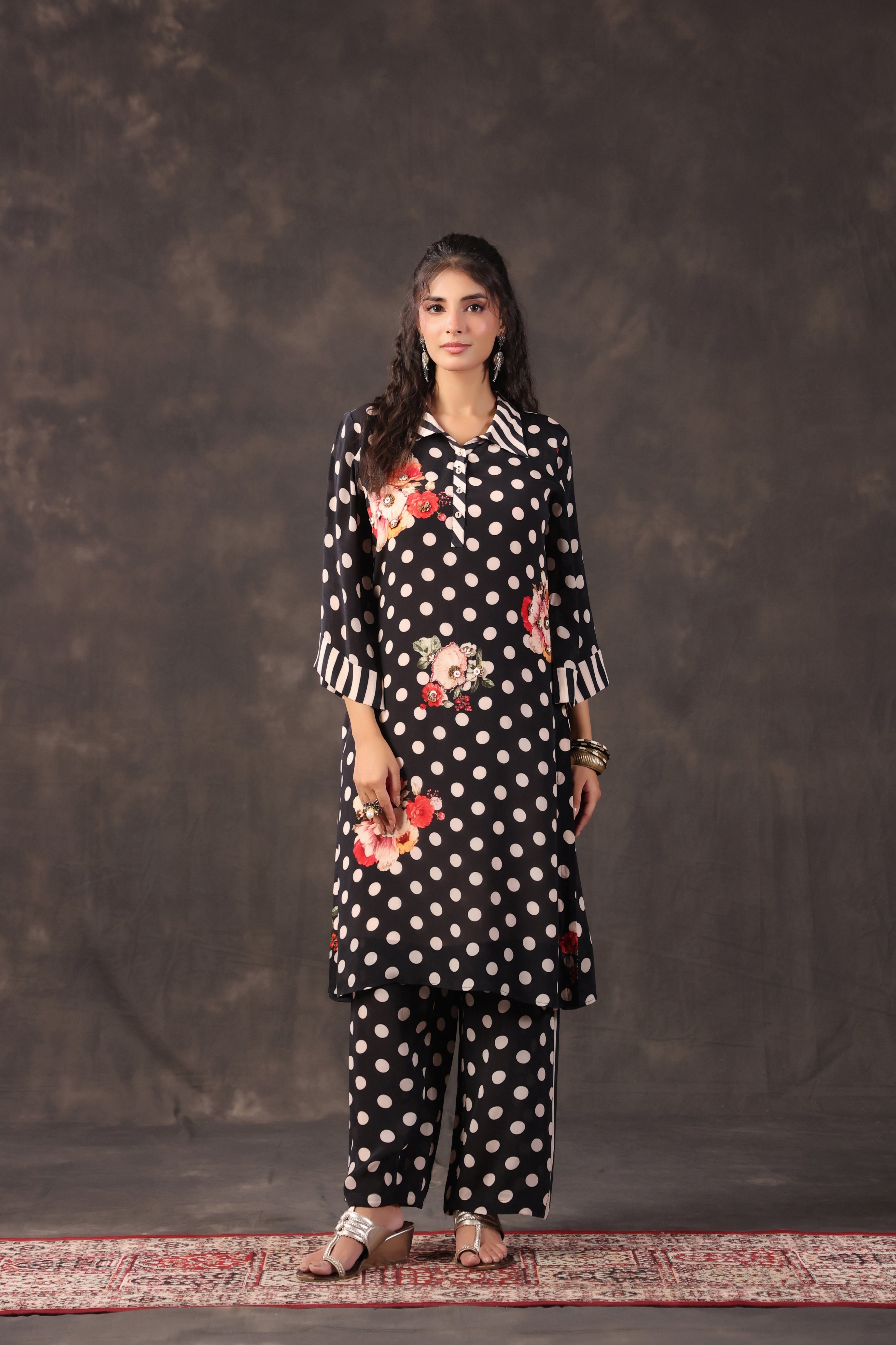 Black Polka Printed Crepe Silk Kurta Set