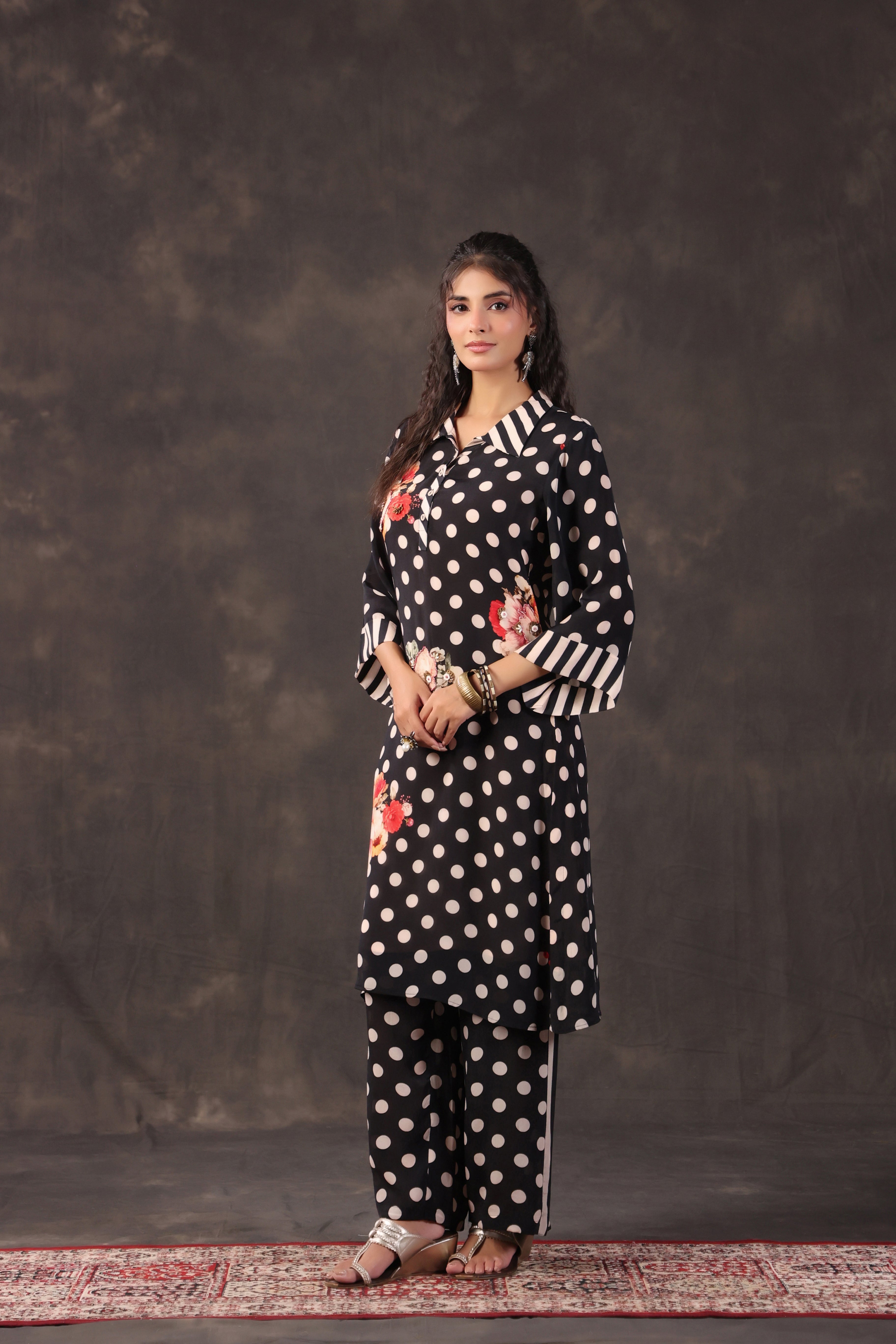 Black Polka Printed Crepe Silk Kurta Set