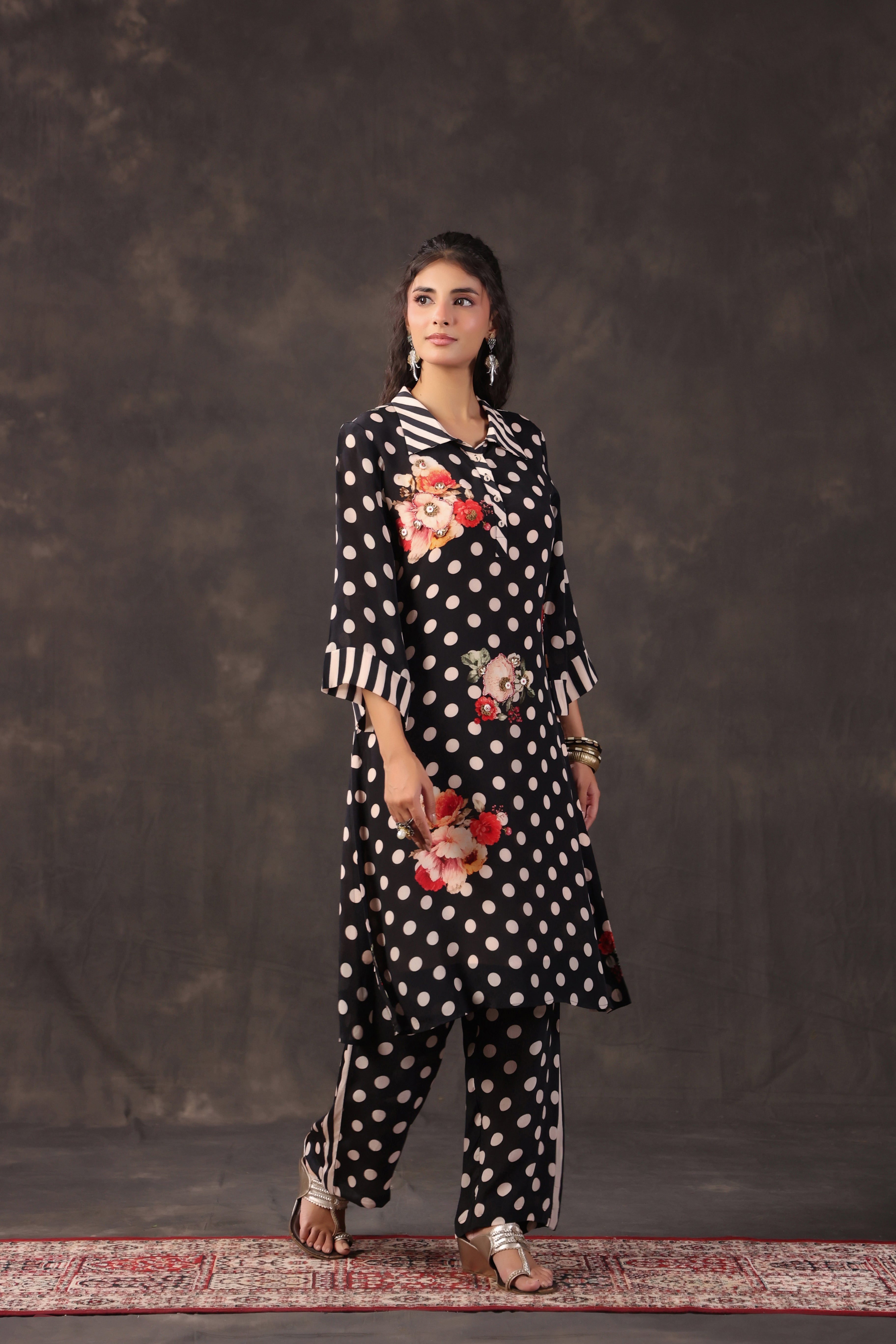 Black Polka Printed Crepe Silk Kurta Set