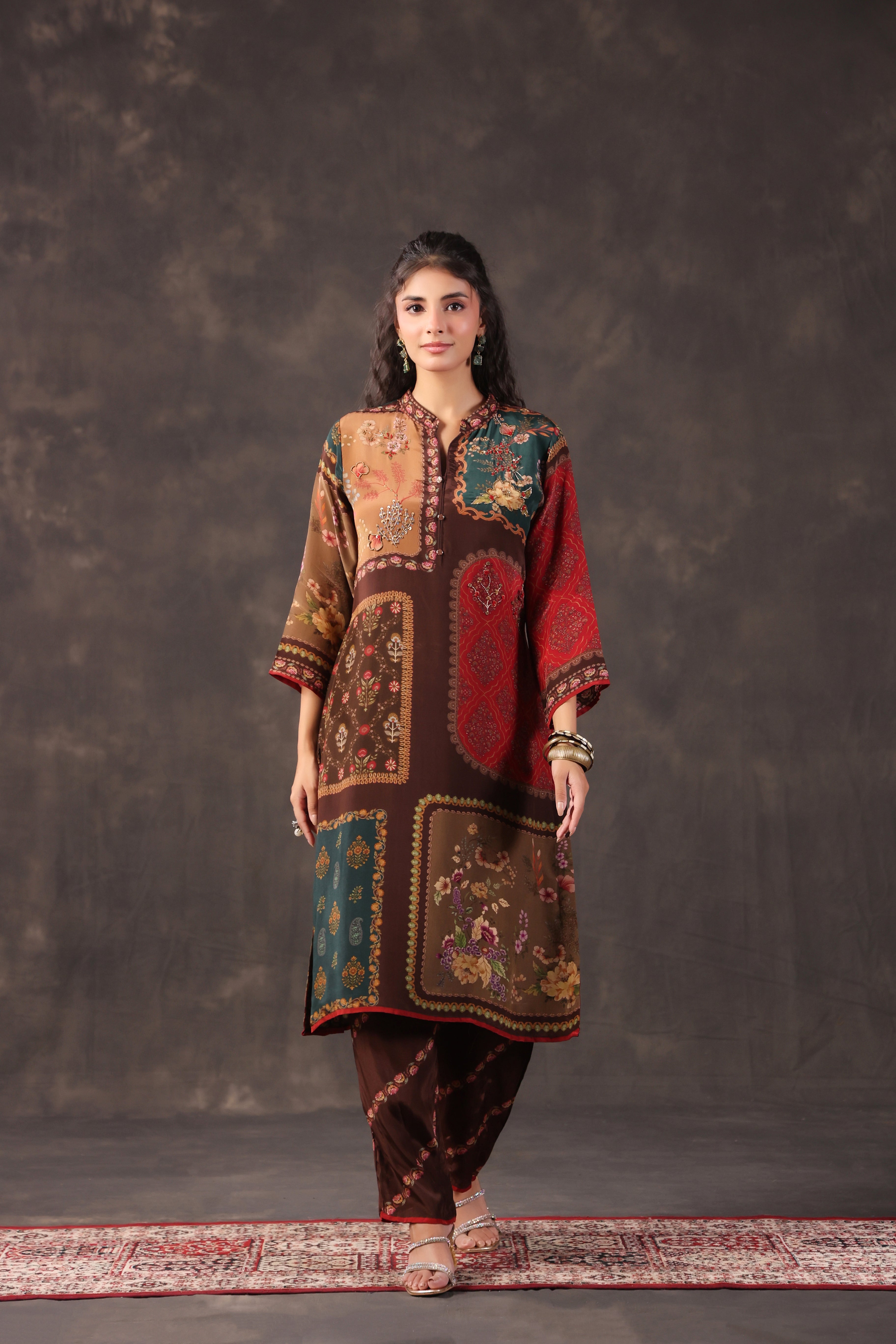 Earthy Patch Printed Crepe Silk Kurta Set