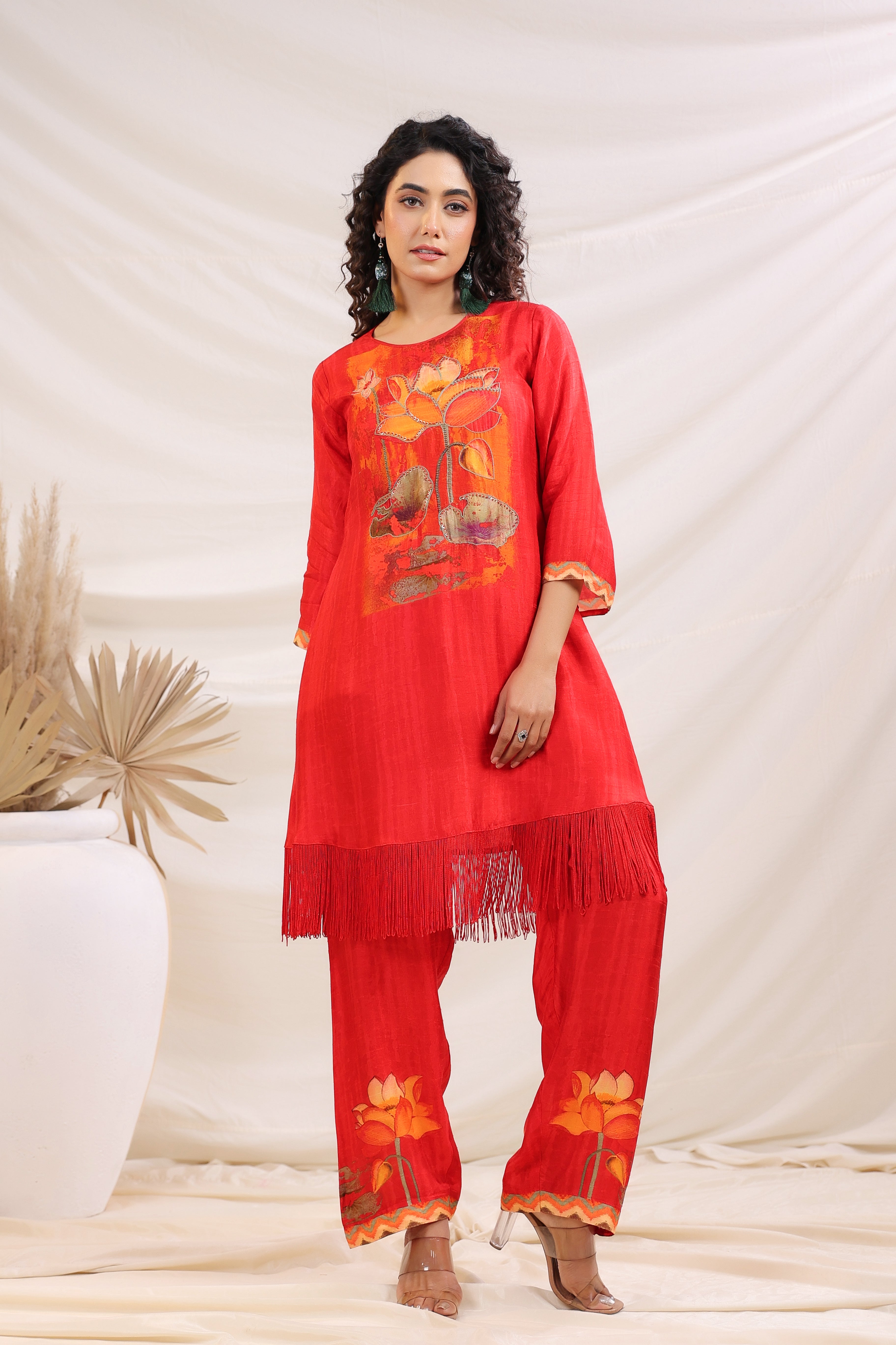 Red Lotus Printed Dola Silk Kurta Pants Set