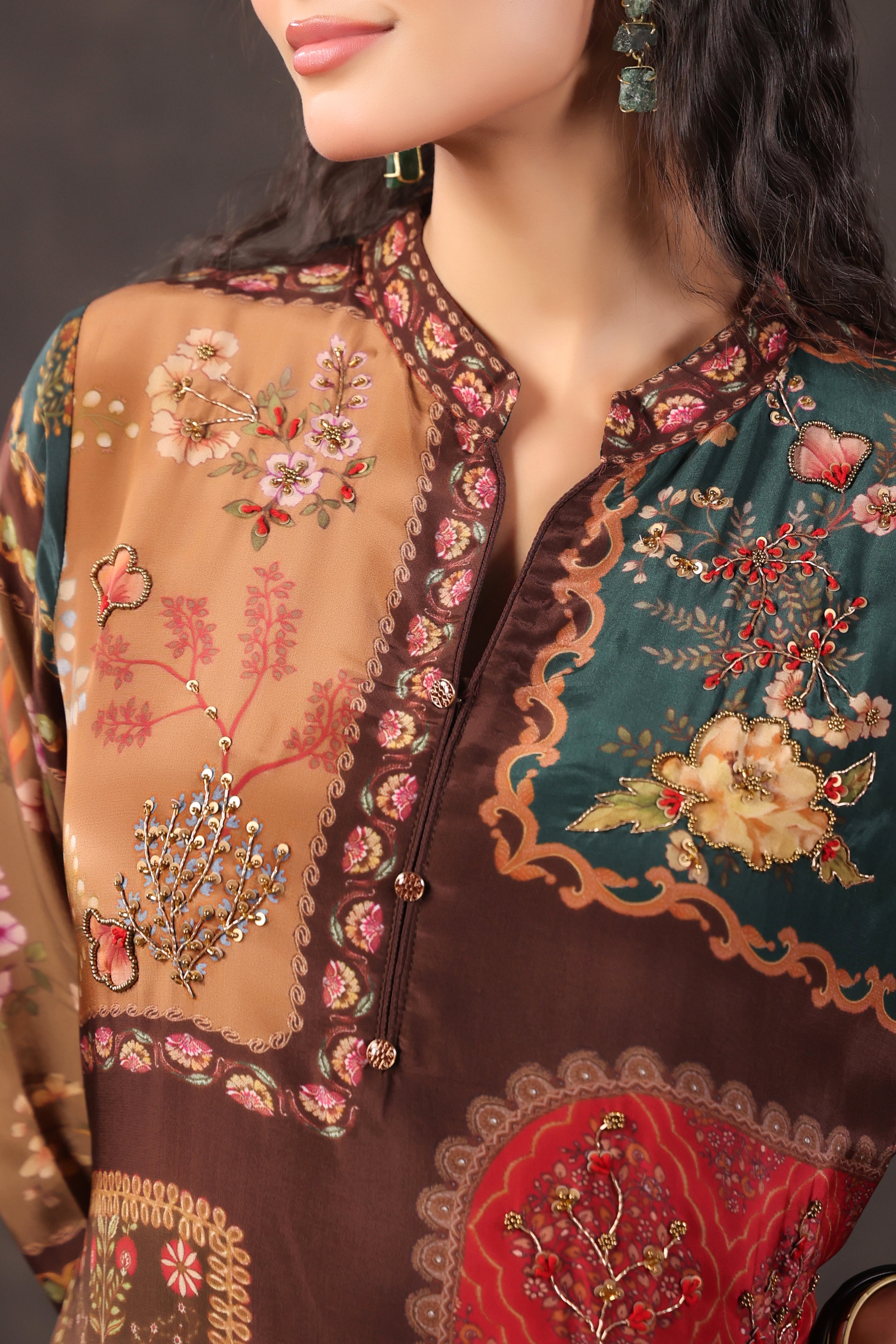 Earthy Patch Printed Crepe Silk Kurta Set