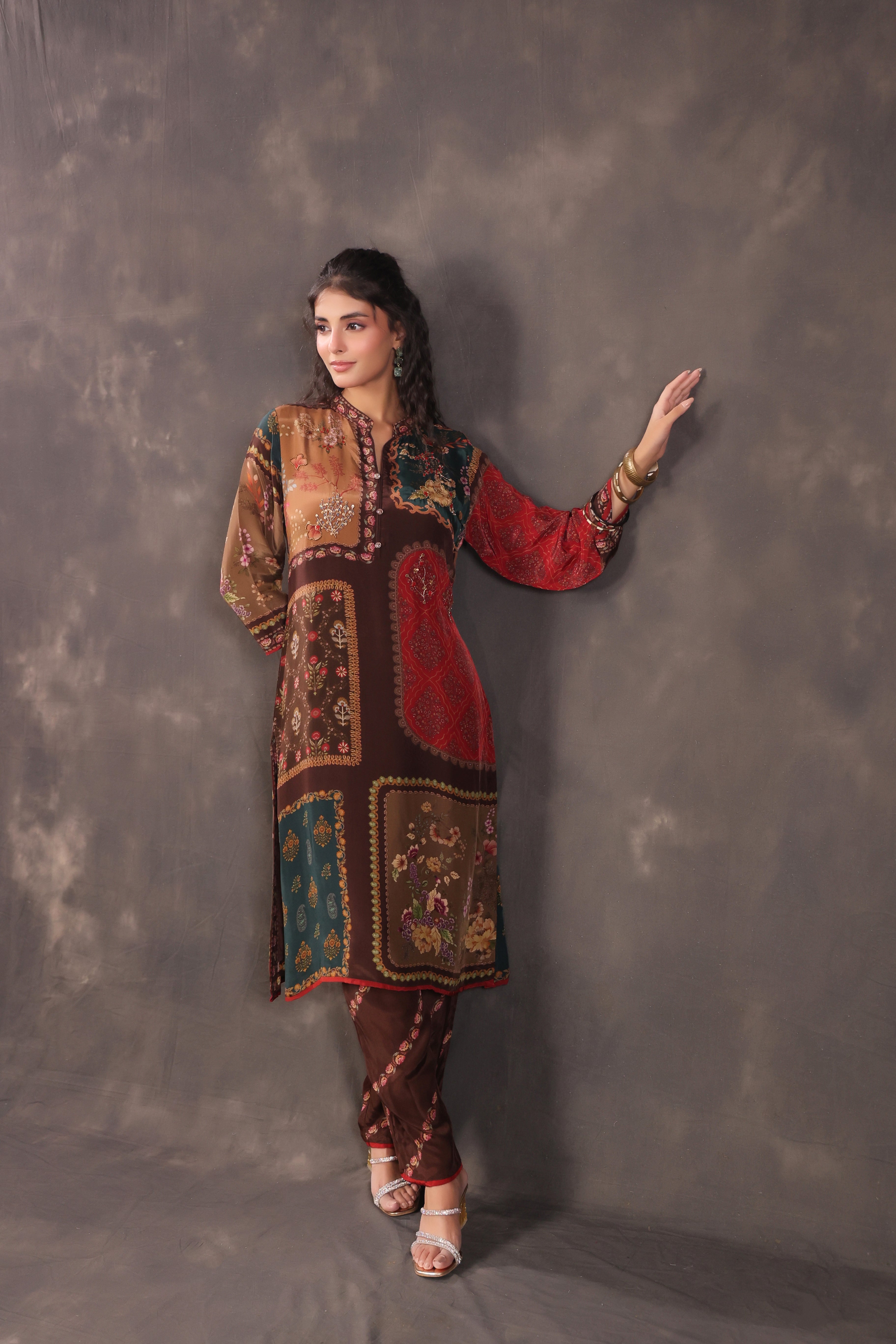 Earthy Patch Printed Crepe Silk Kurta Set