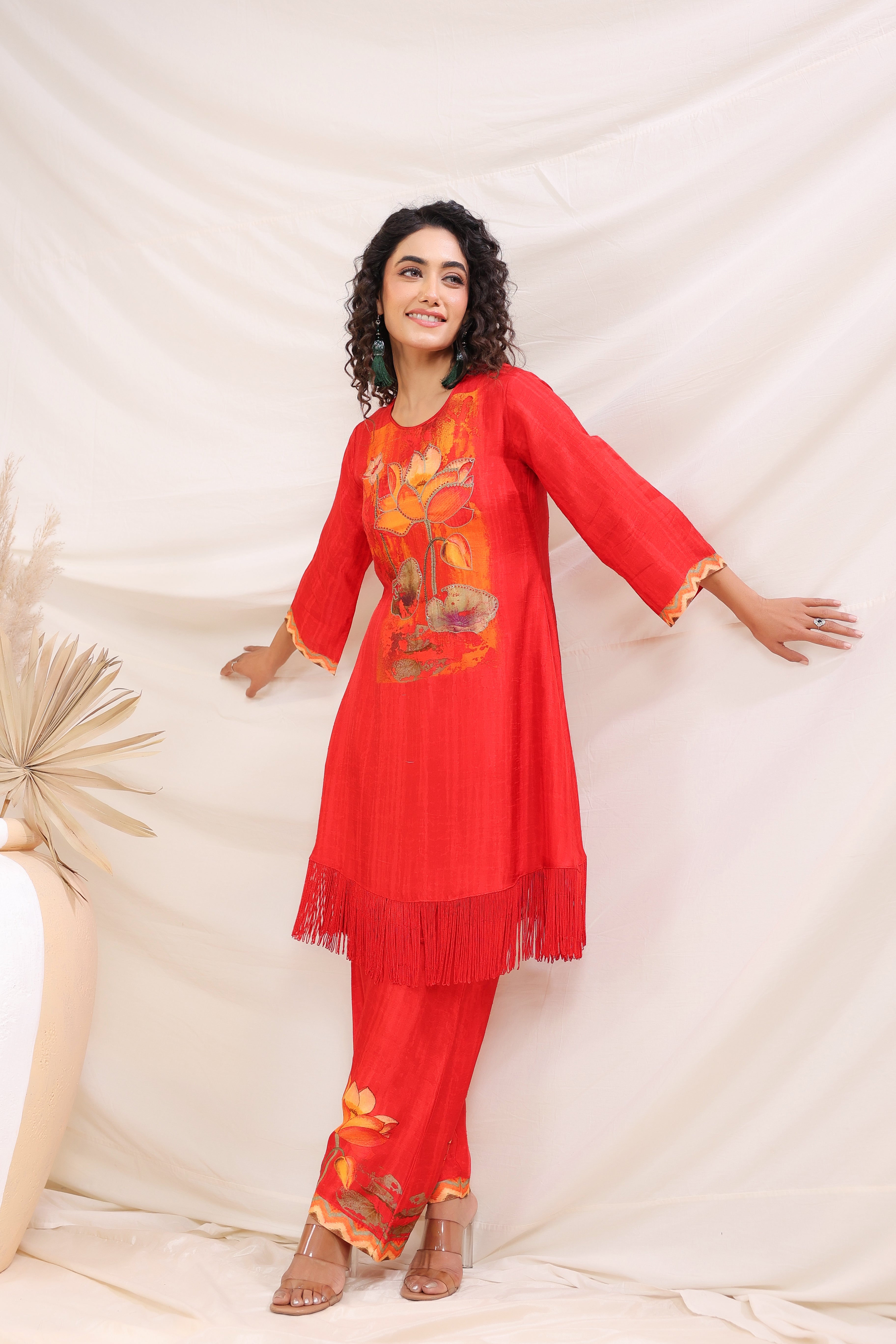 Red Lotus Printed Dola Silk Kurta Pants Set