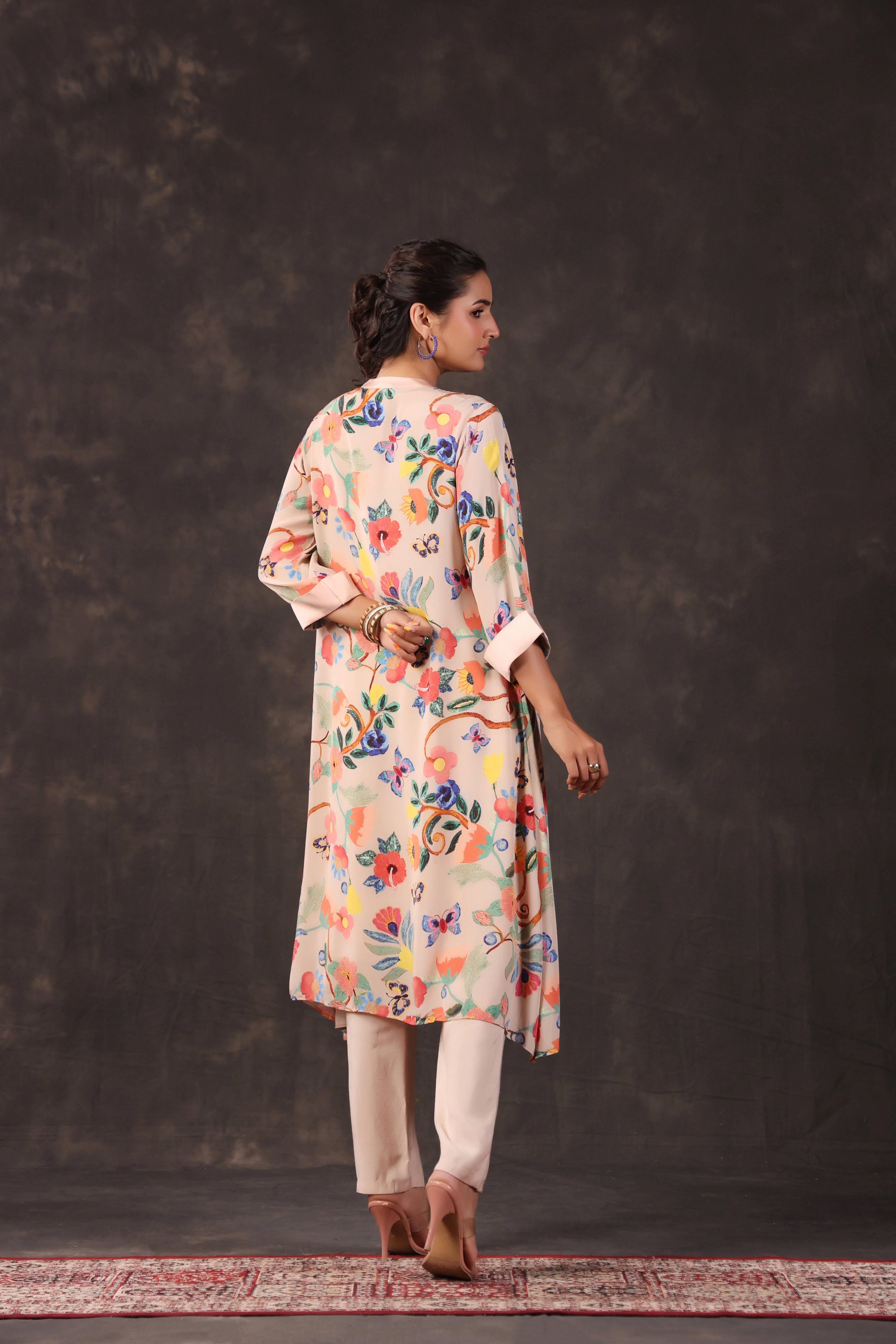Pastel Peach Printed Crepe Silk Kurta Set