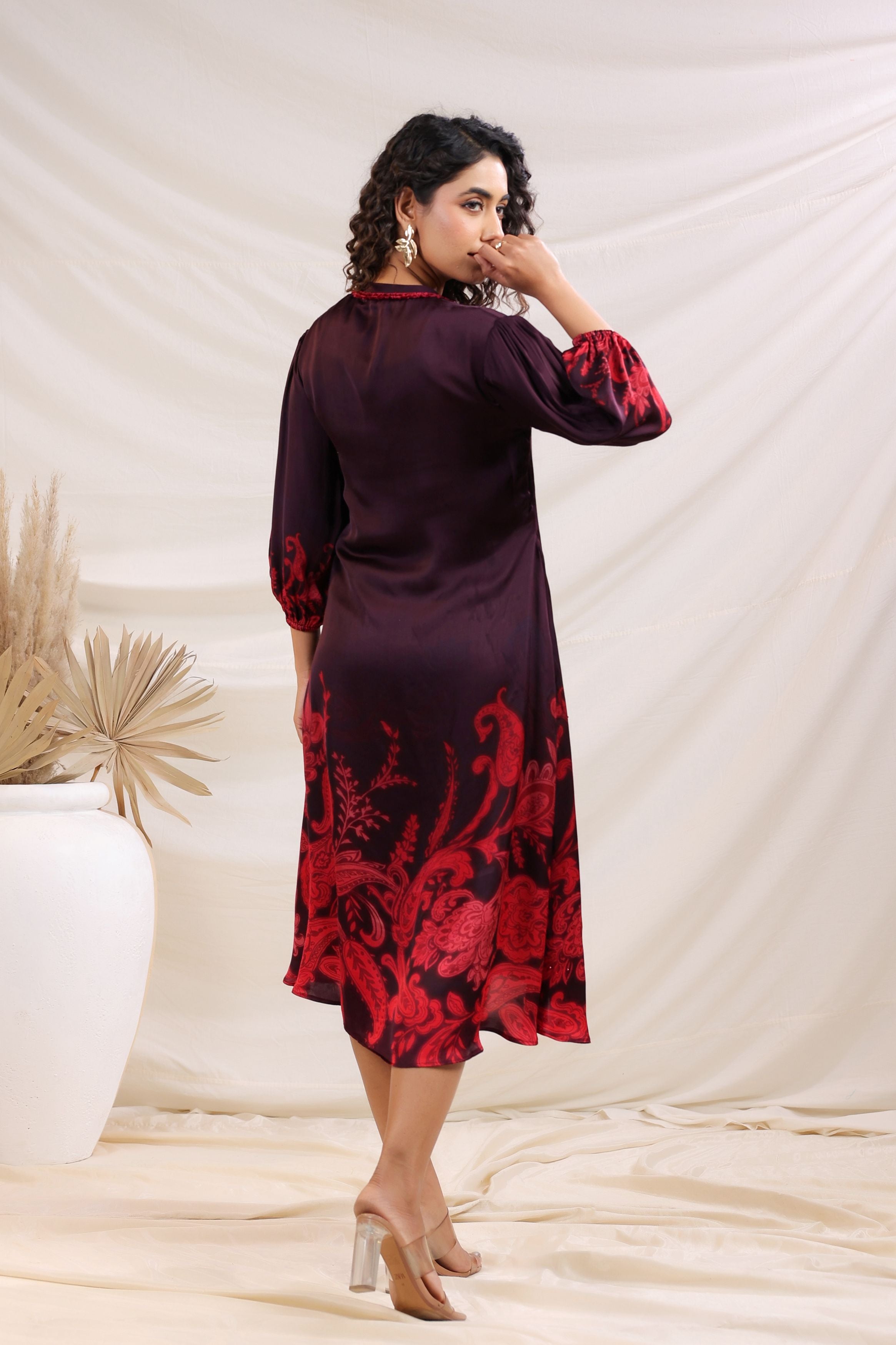 Deep Wine Ethnic Printed Satin Silk Dress