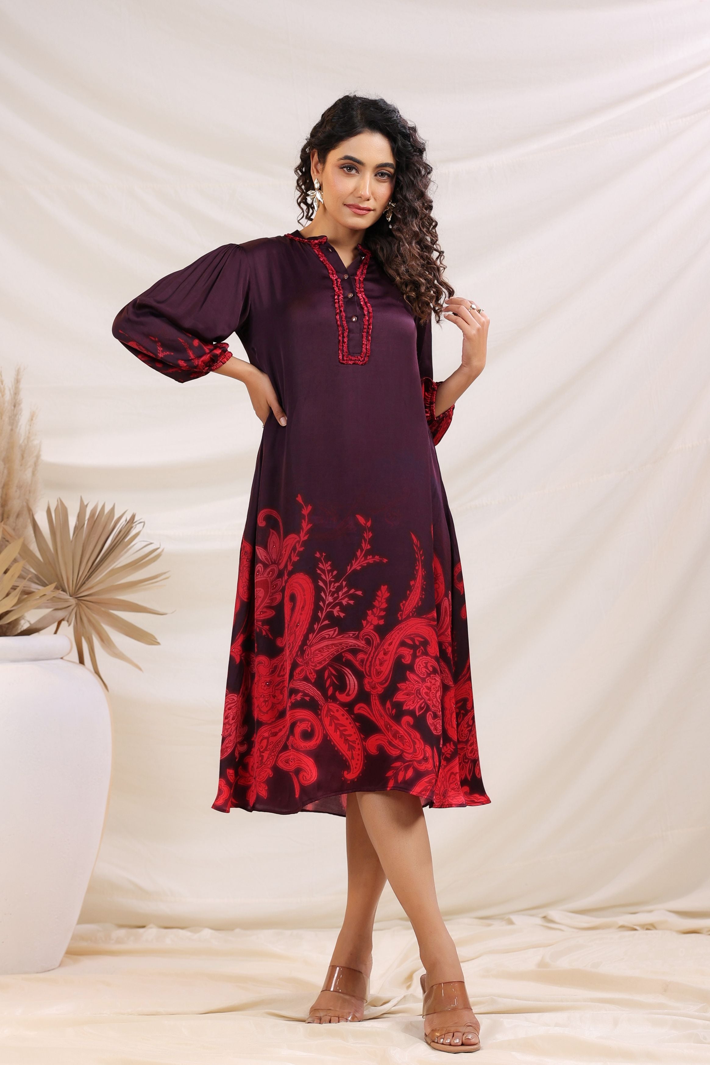 Deep Wine Ethnic Printed Satin Silk Dress