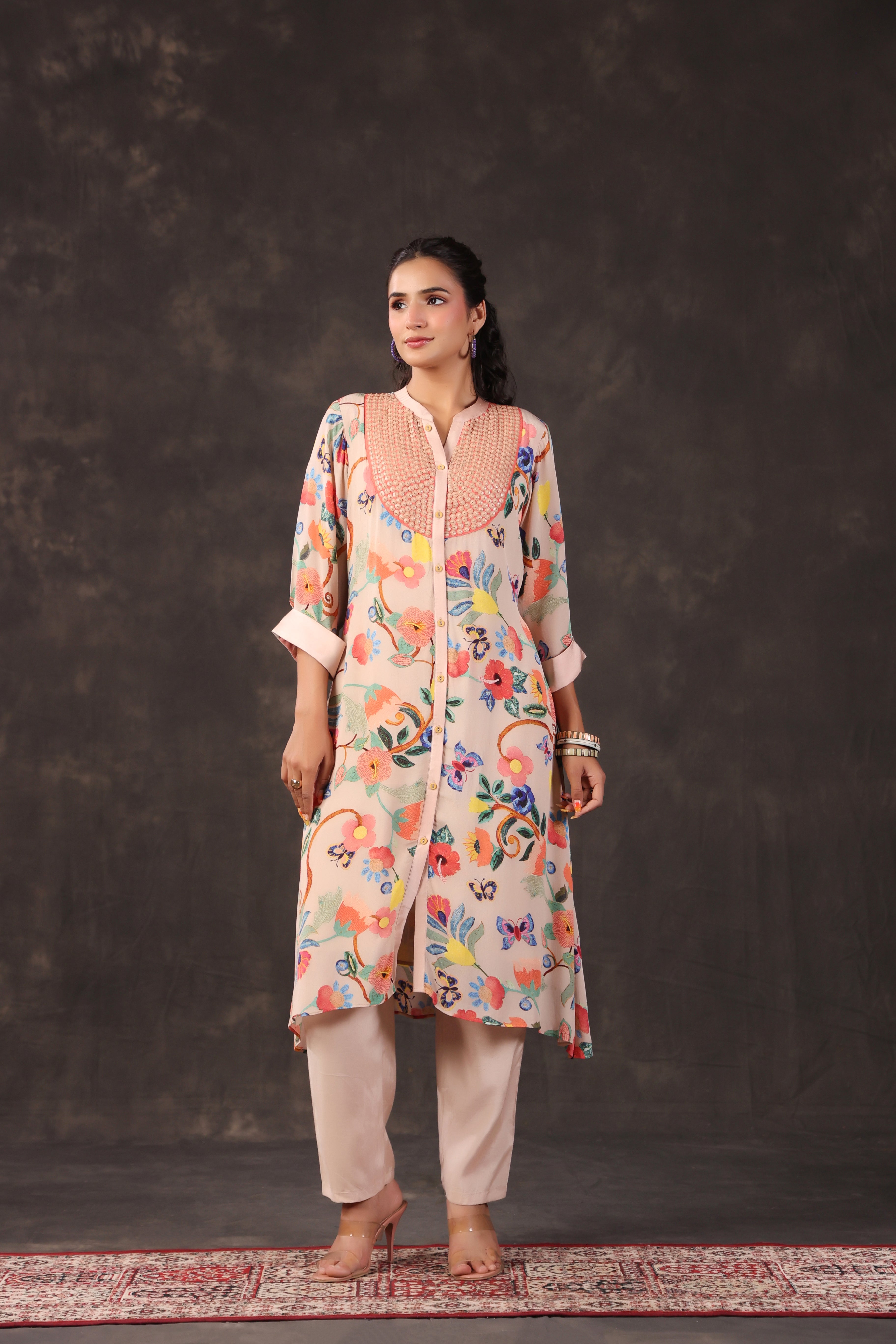 Pastel Peach Printed Crepe Silk Kurta Set