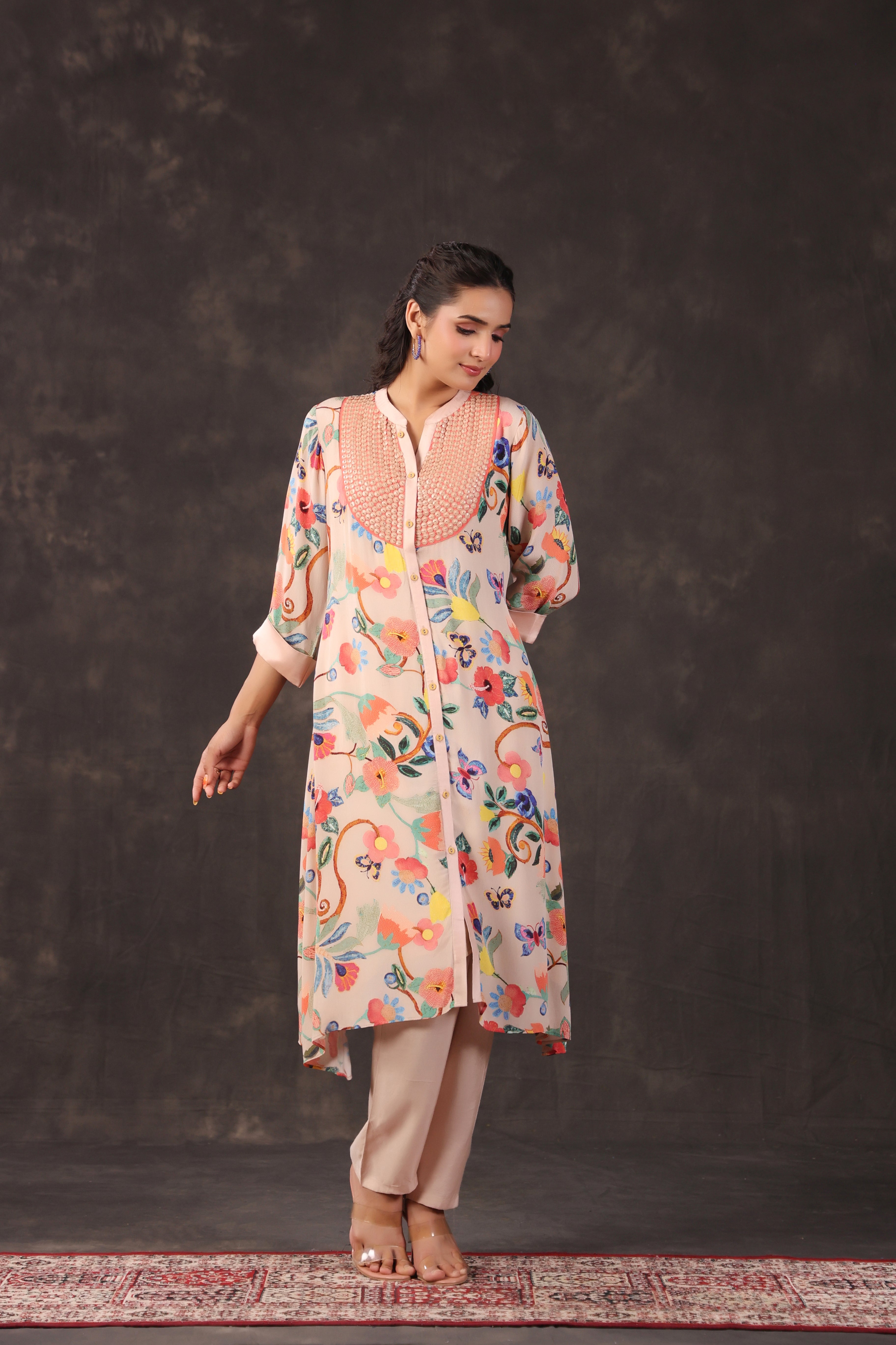 Pastel Peach Printed Crepe Silk Kurta Set