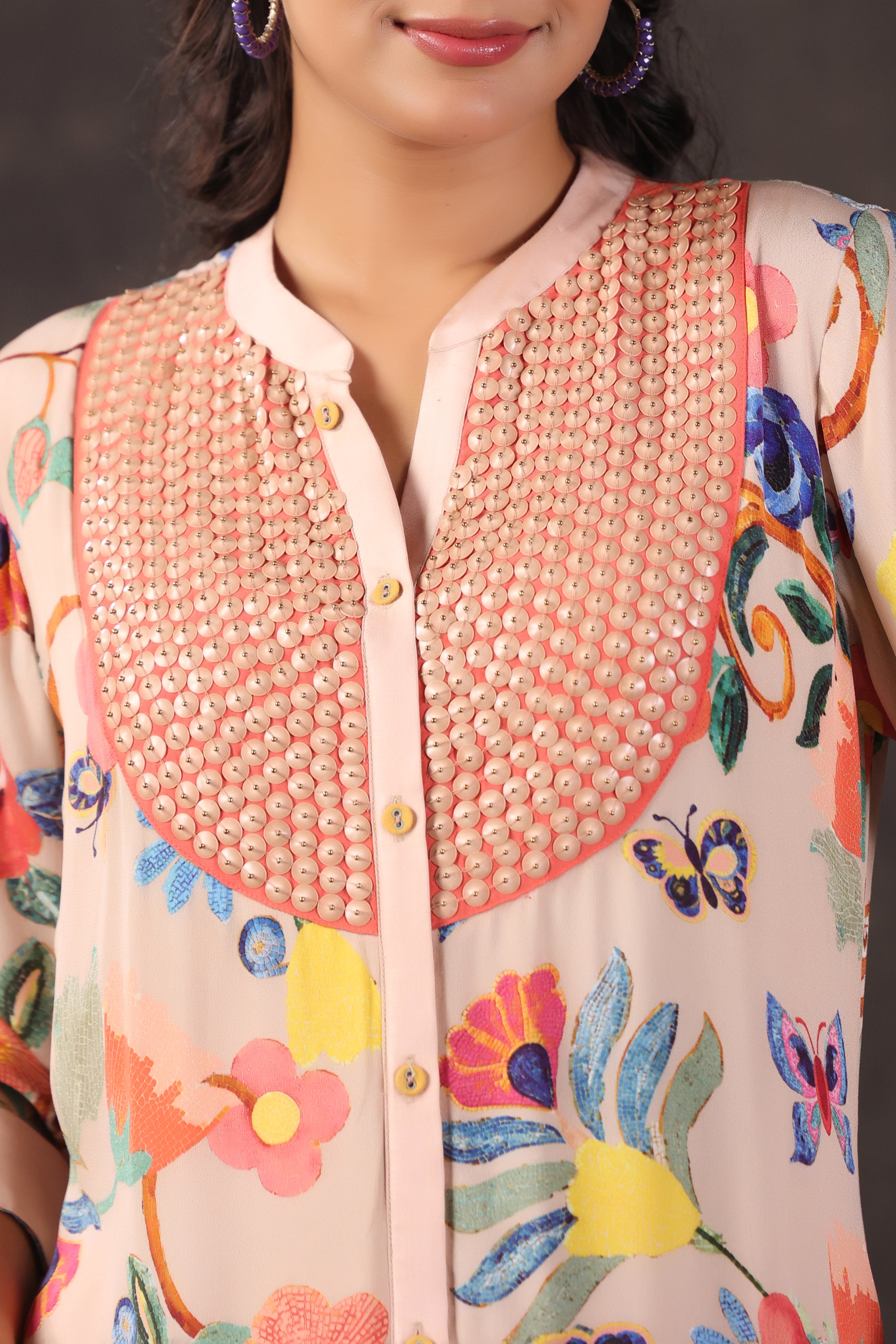 Pastel Peach Printed Crepe Silk Kurta Set