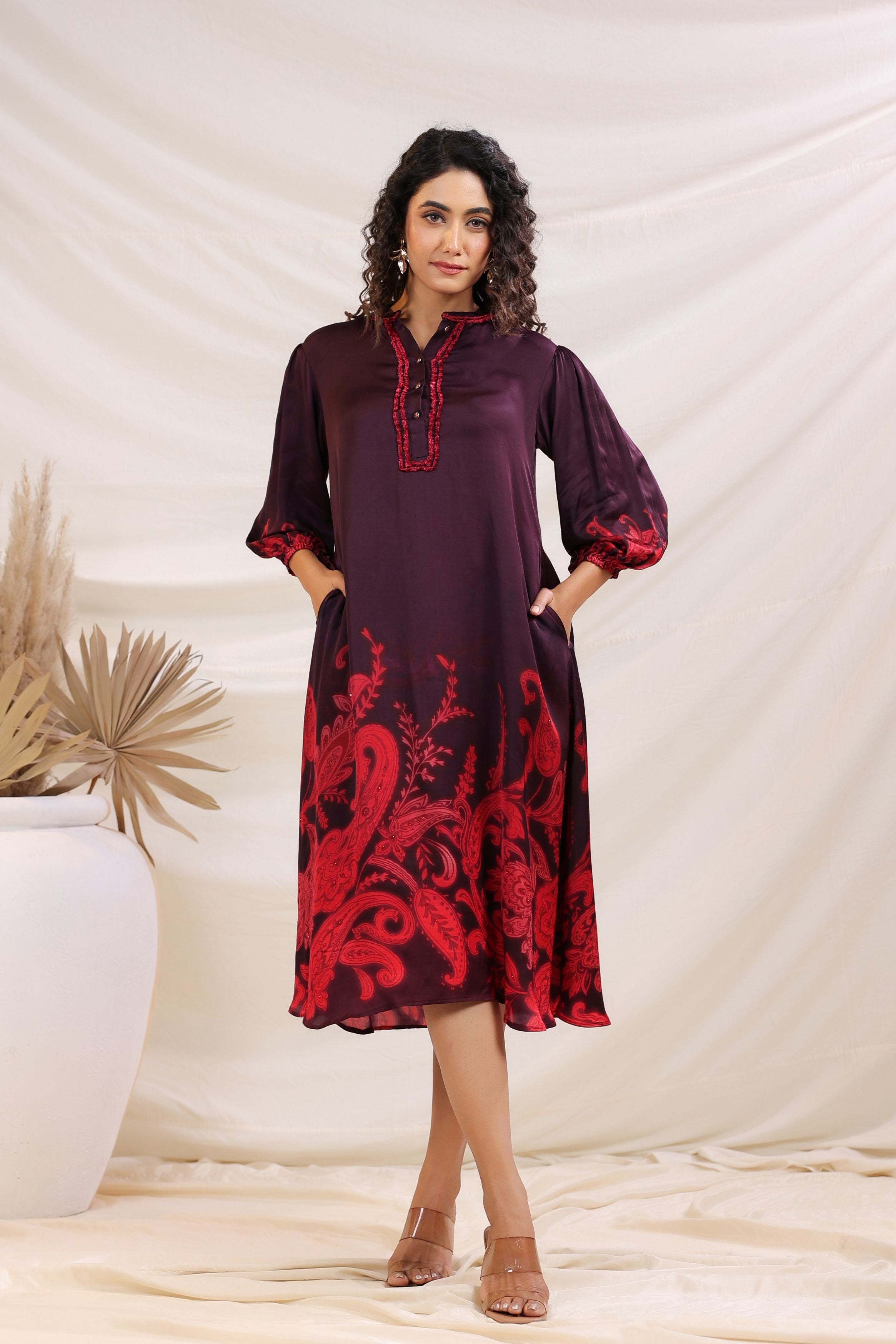 Deep Wine Ethnic Printed Satin Silk Dress