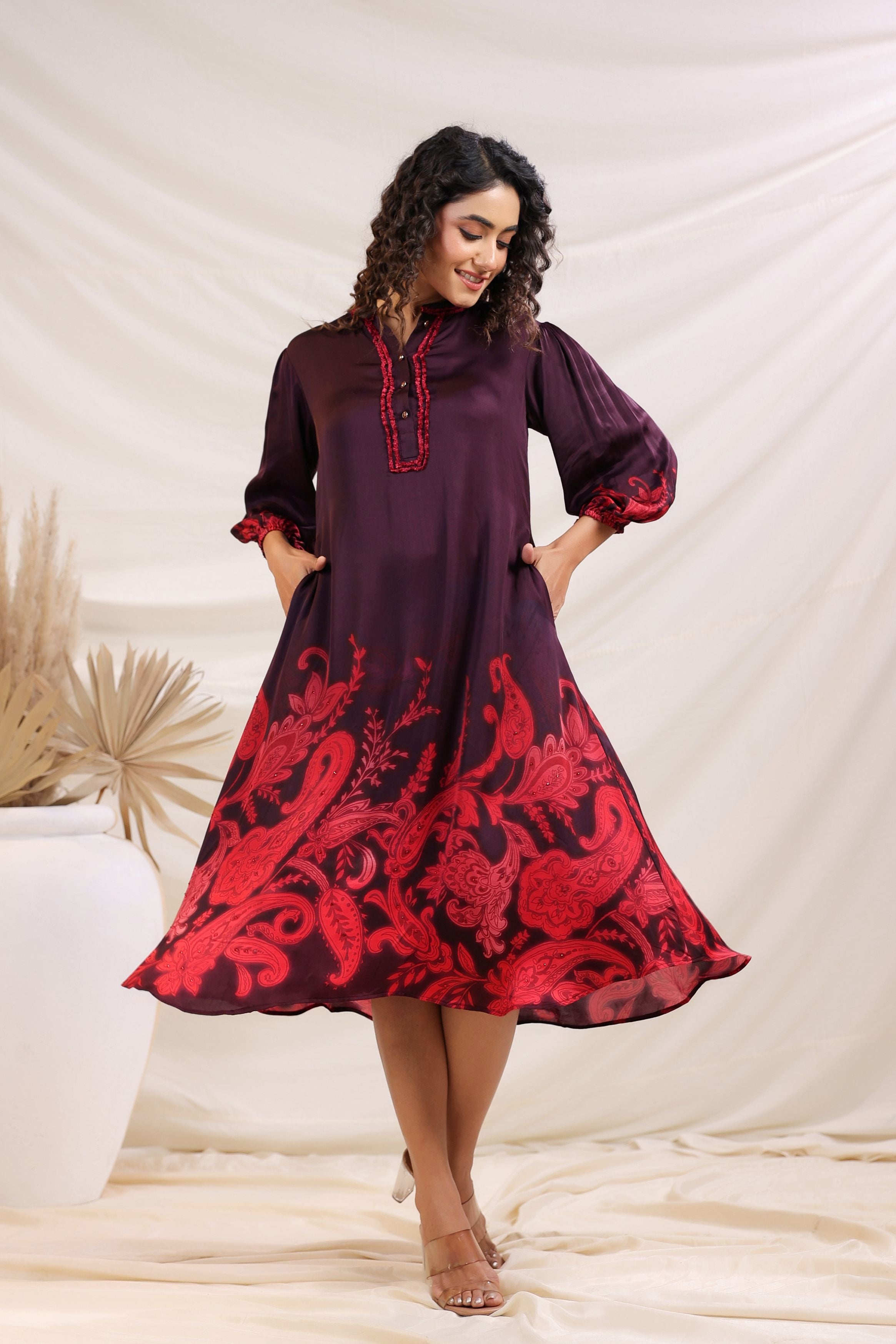 Deep Wine Ethnic Printed Satin Silk Dress