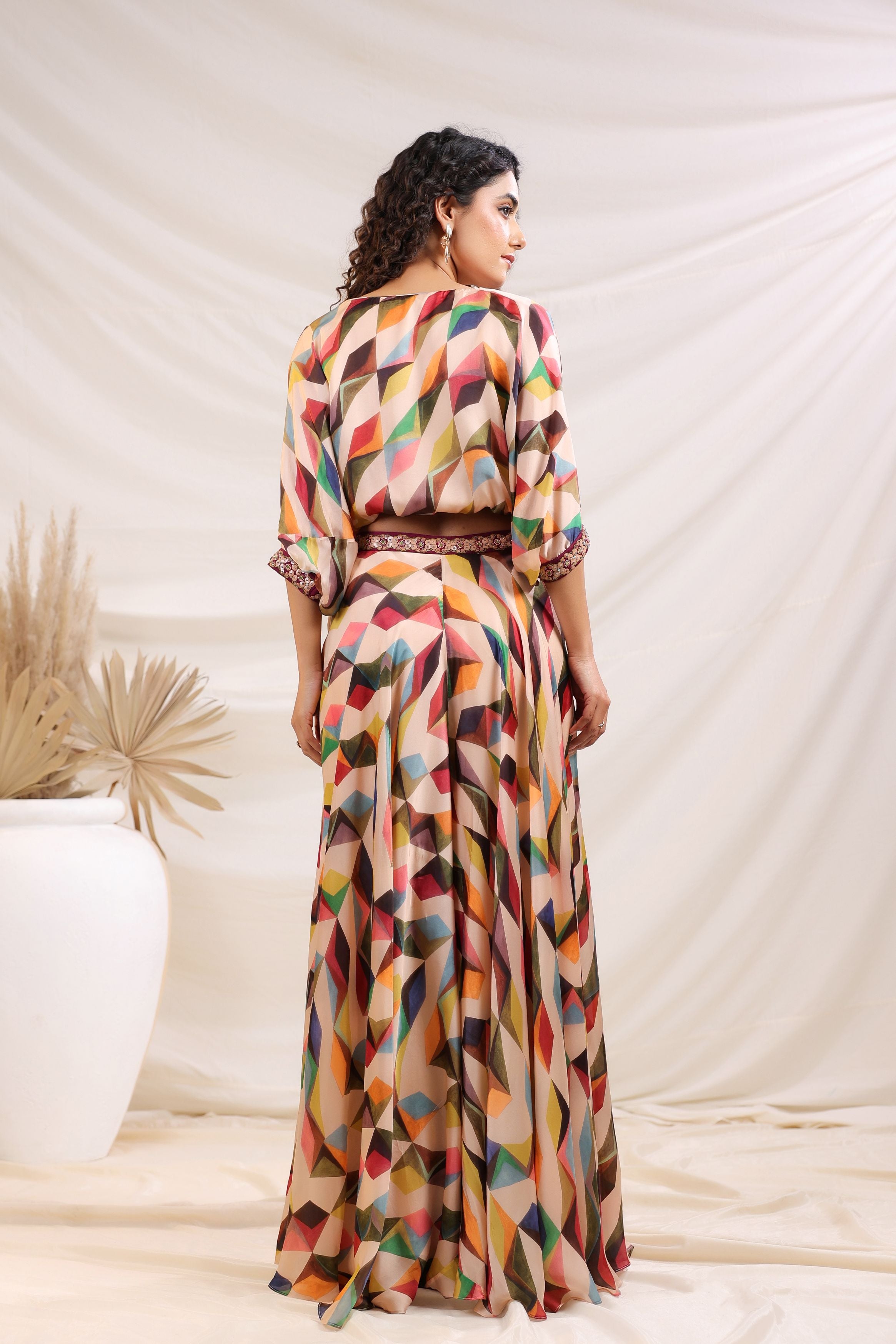 Classic Beige Abstract Printed Crepe Silk Palazzos Set