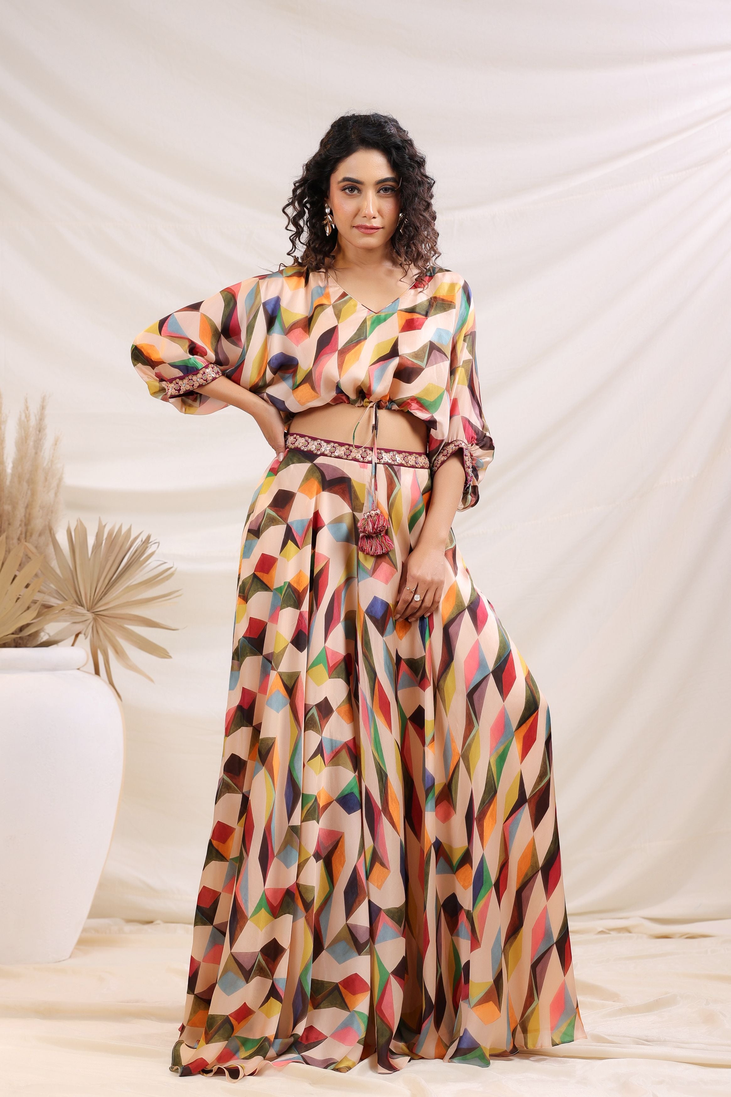 Classic Beige Abstract Printed Crepe Silk Palazzos Set