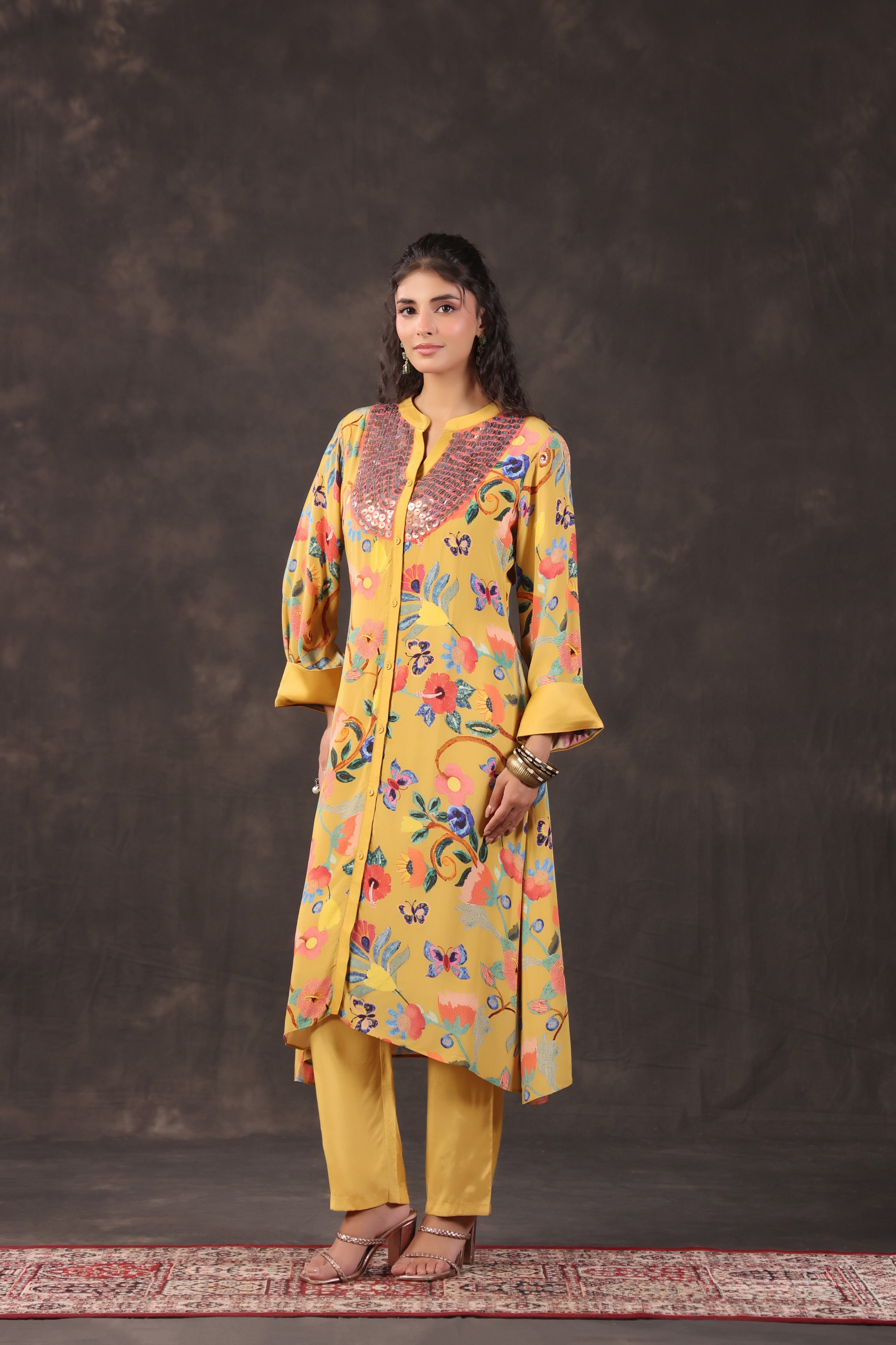 Mustard Yellow Printed Crepe Silk Kurta Set