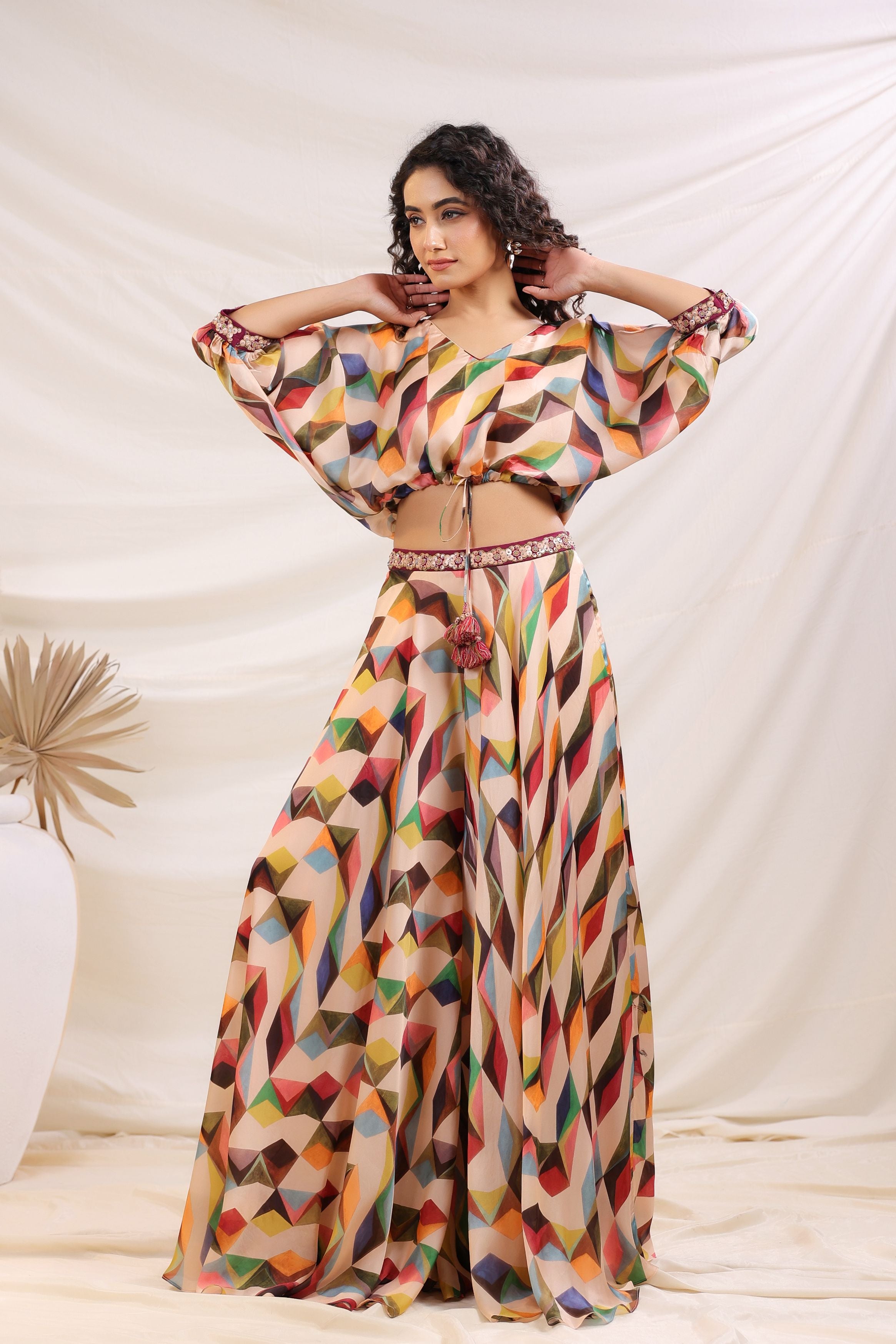 Classic Beige Abstract Printed Crepe Silk Palazzos Set