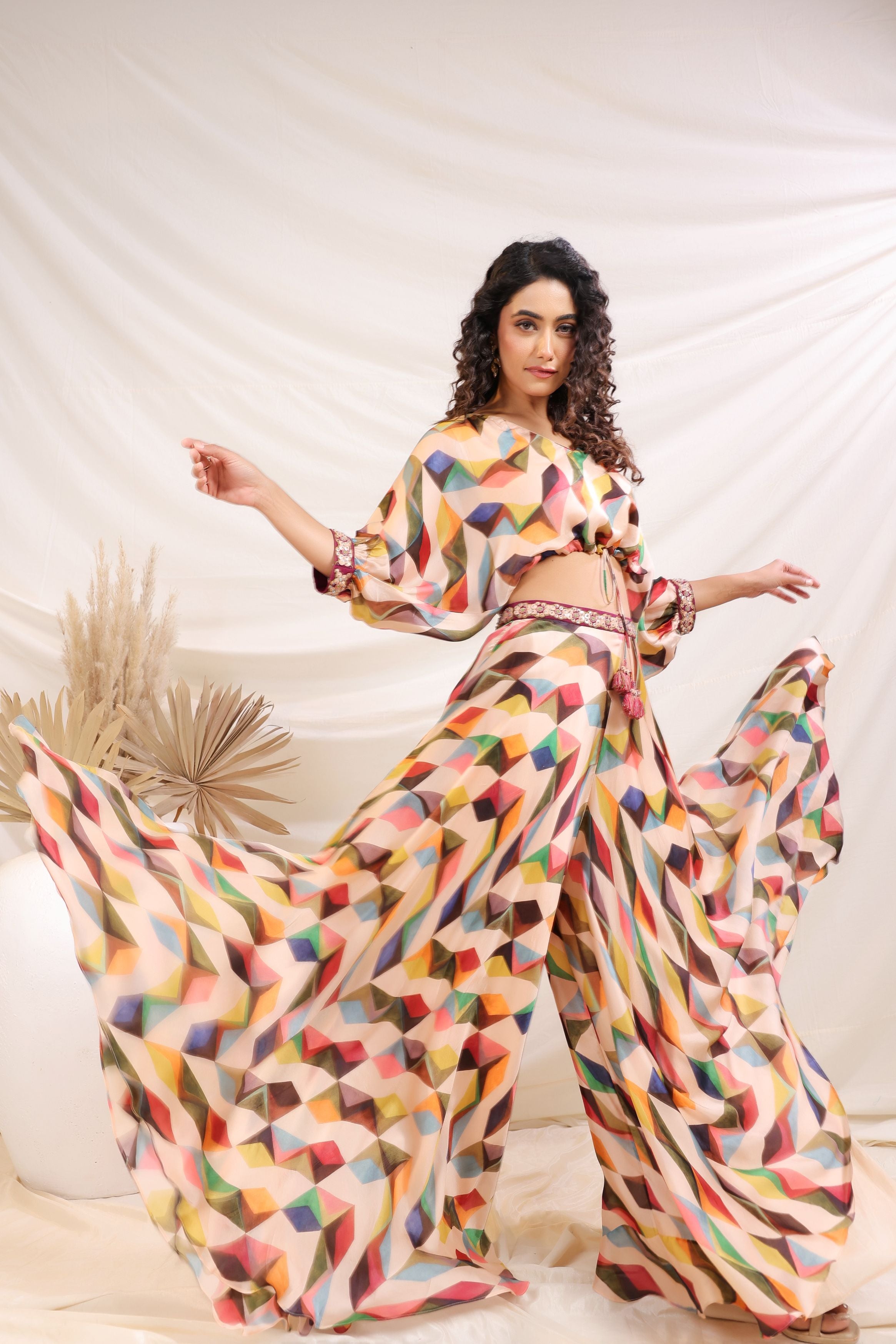 Classic Beige Abstract Printed Crepe Silk Palazzos Set