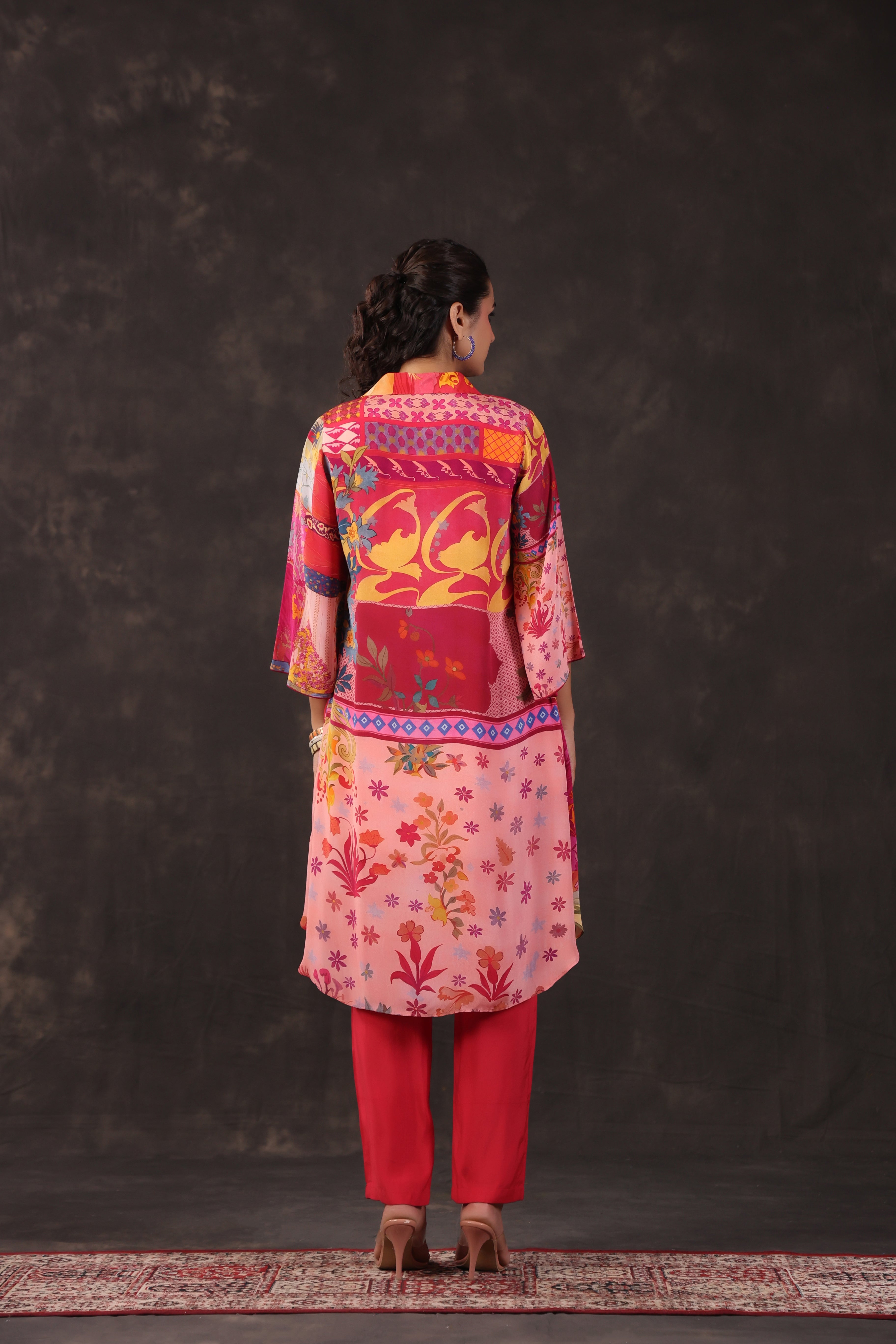 Multicolor Coral Printed Crepe Silk Kurta Set