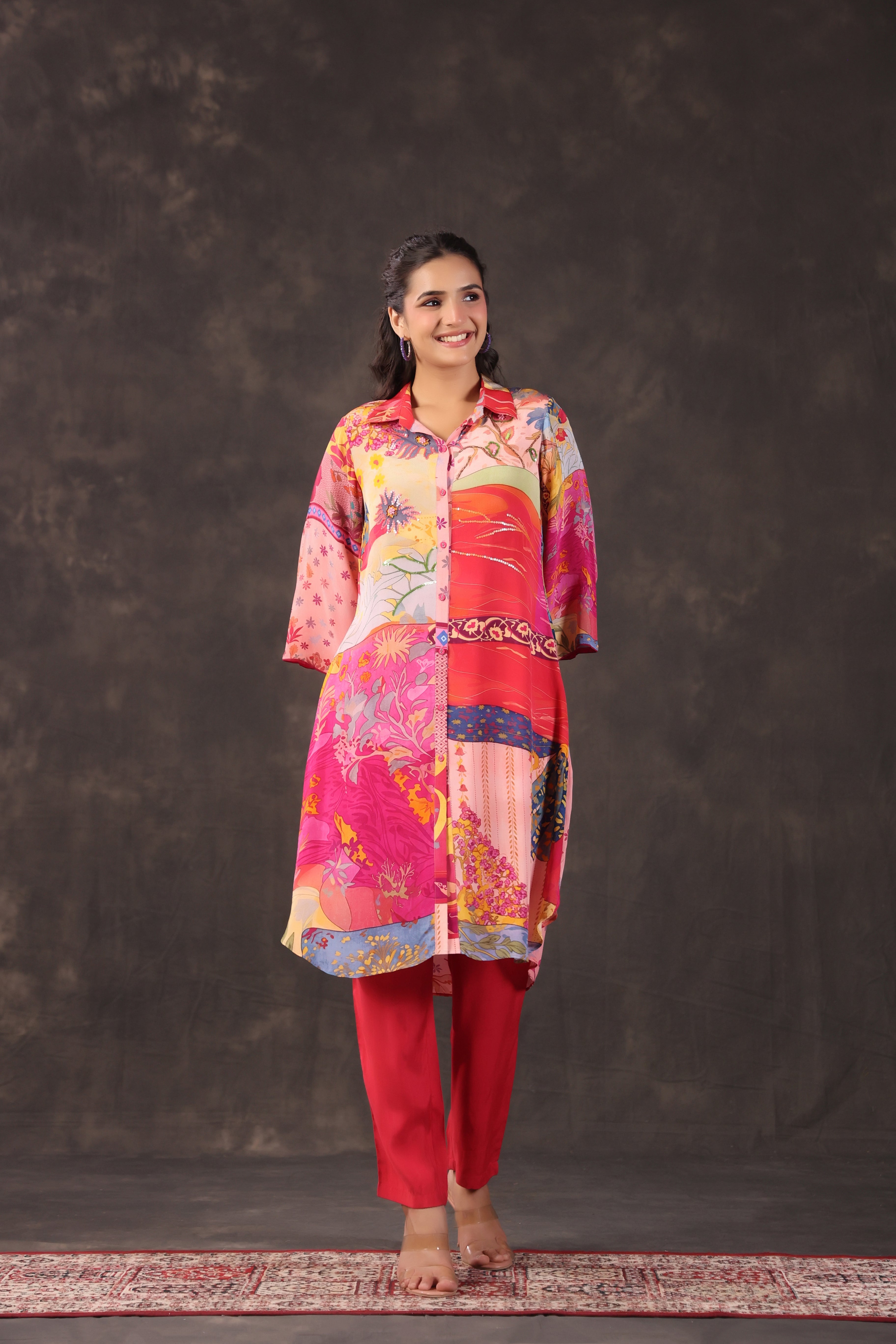 Multicolor Coral Printed Crepe Silk Kurta Set