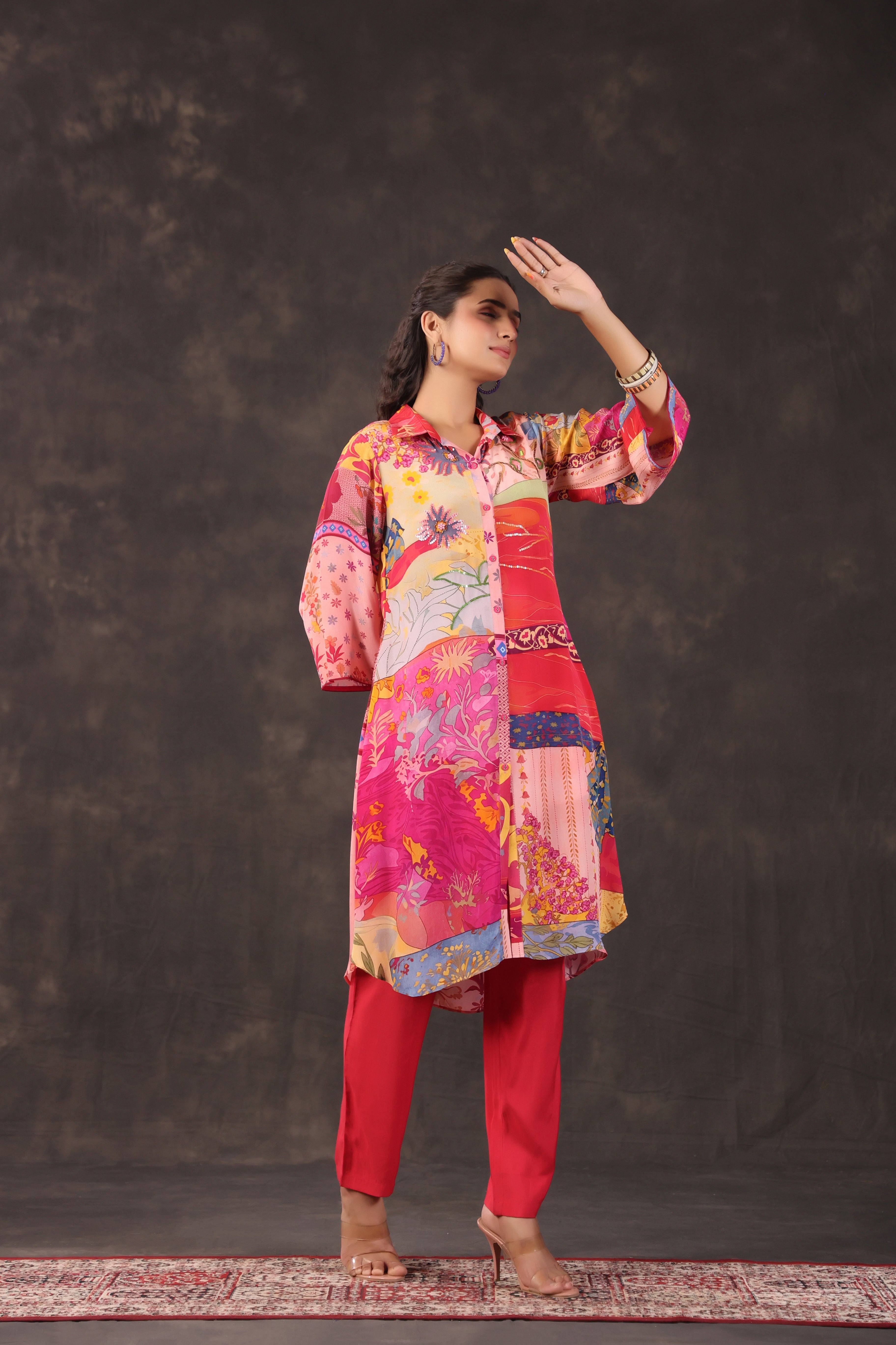Multicolor Coral Printed Crepe Silk Kurta Set