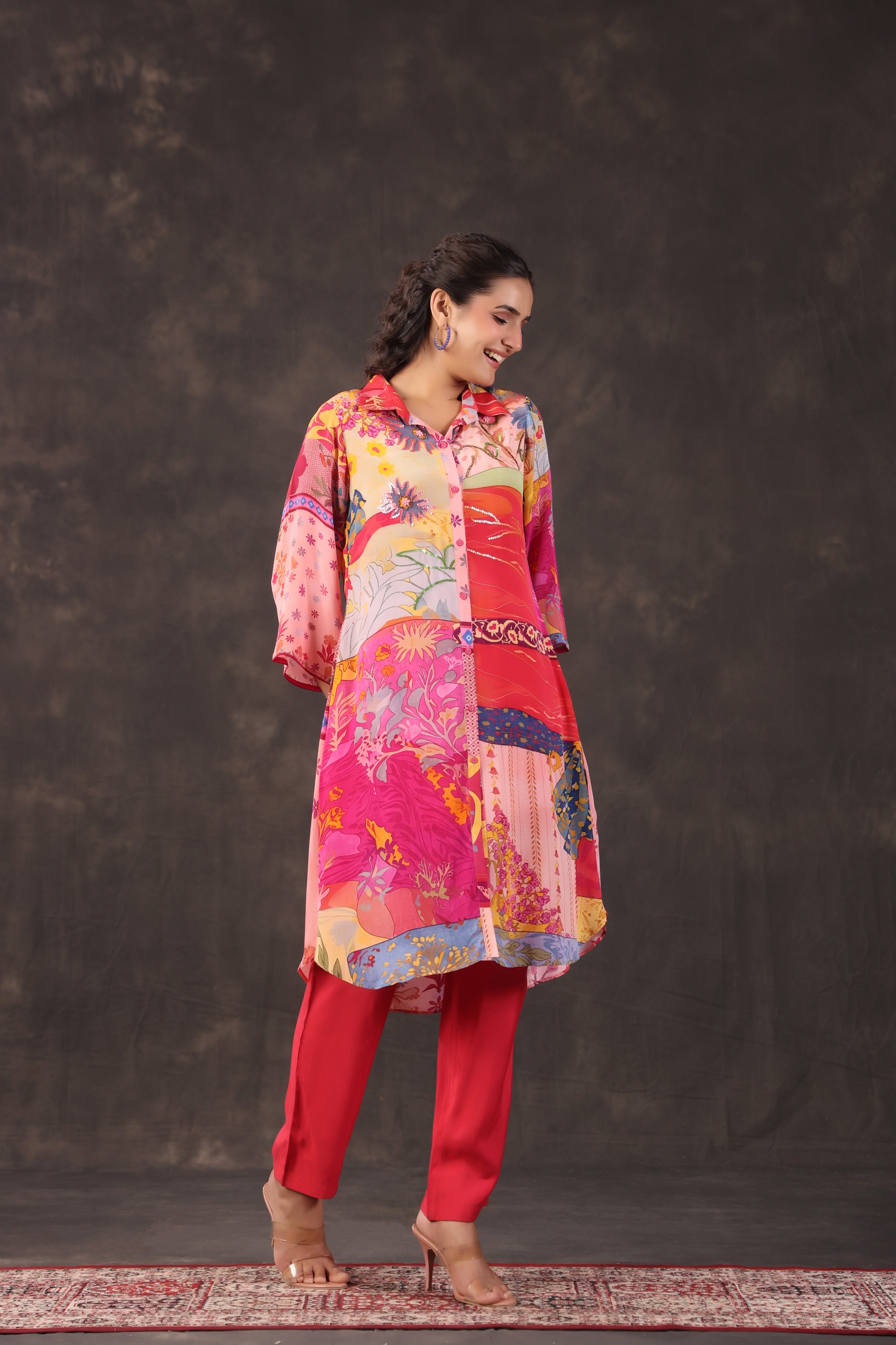 Multicolor Coral Printed Crepe Silk Kurta Set