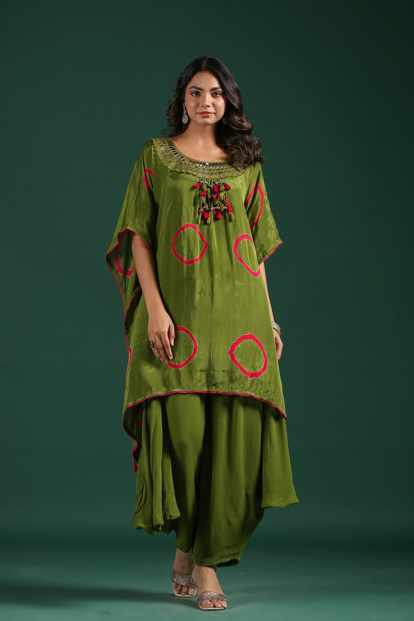Dark Olive Green Tie Dyed Kaftan Palazzo Set