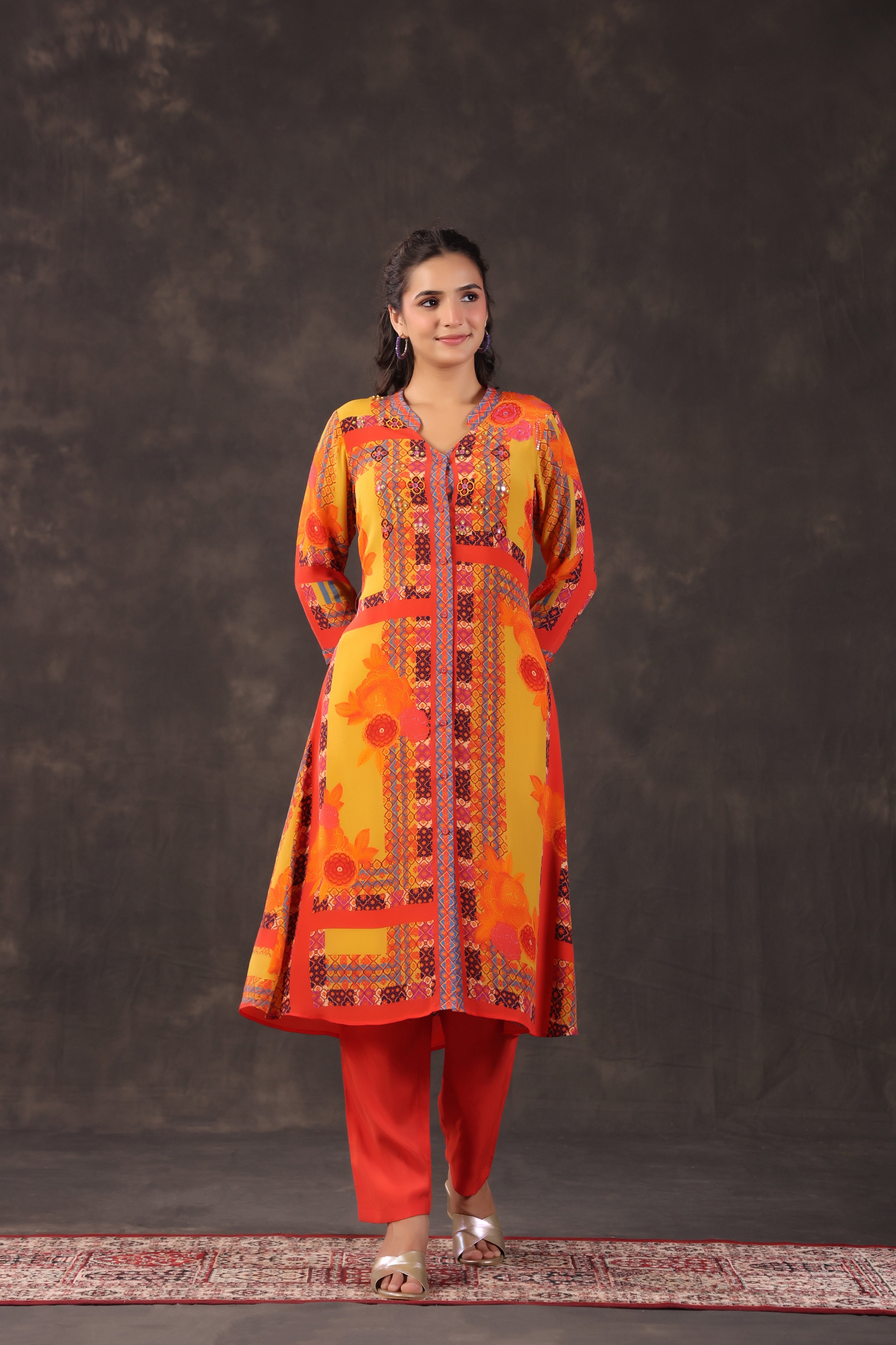 Radiant Ochre Printed Crepe Silk Kurta Set