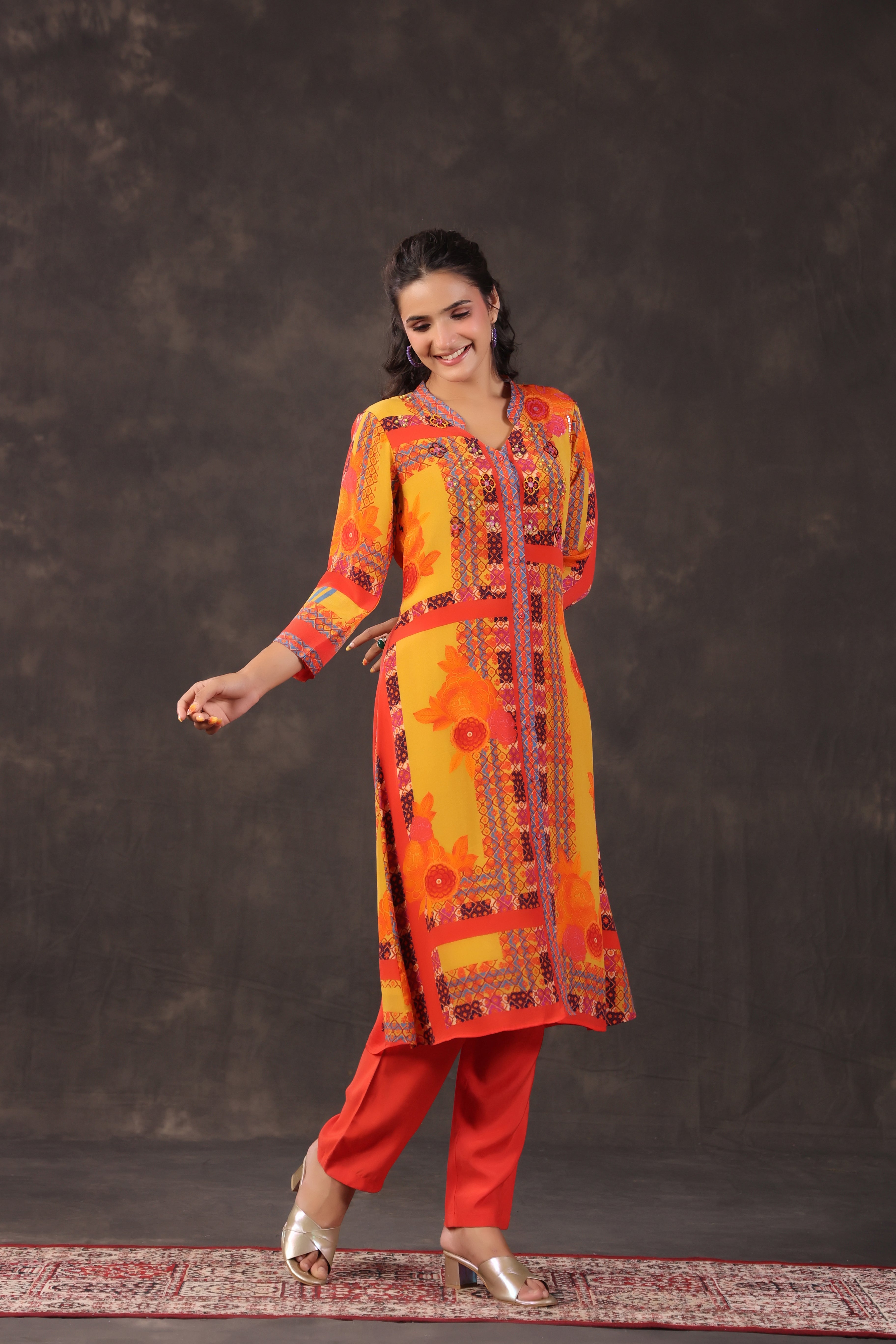 Radiant Ochre Printed Crepe Silk Kurta Set
