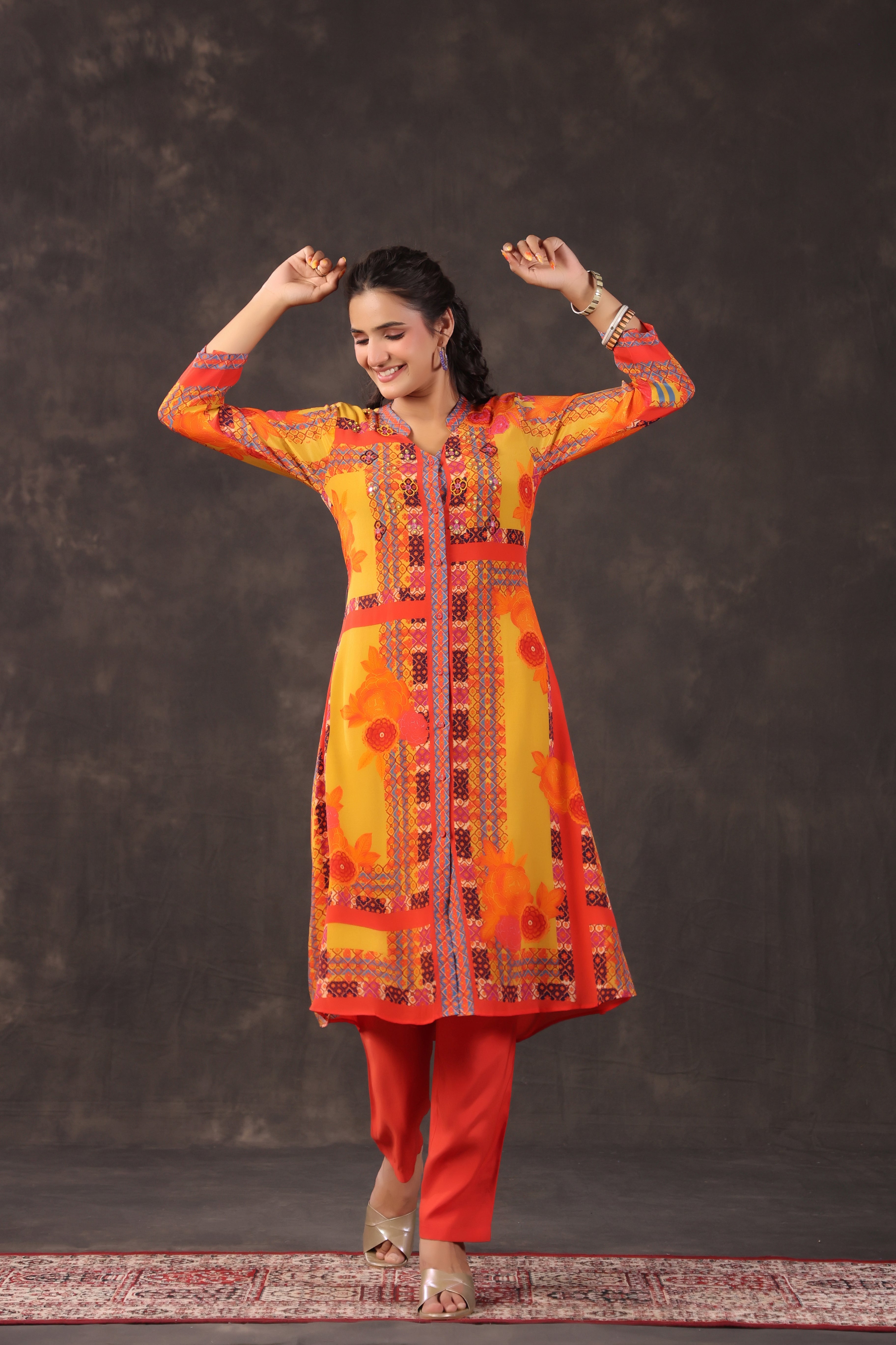 Radiant Ochre Printed Crepe Silk Kurta Set