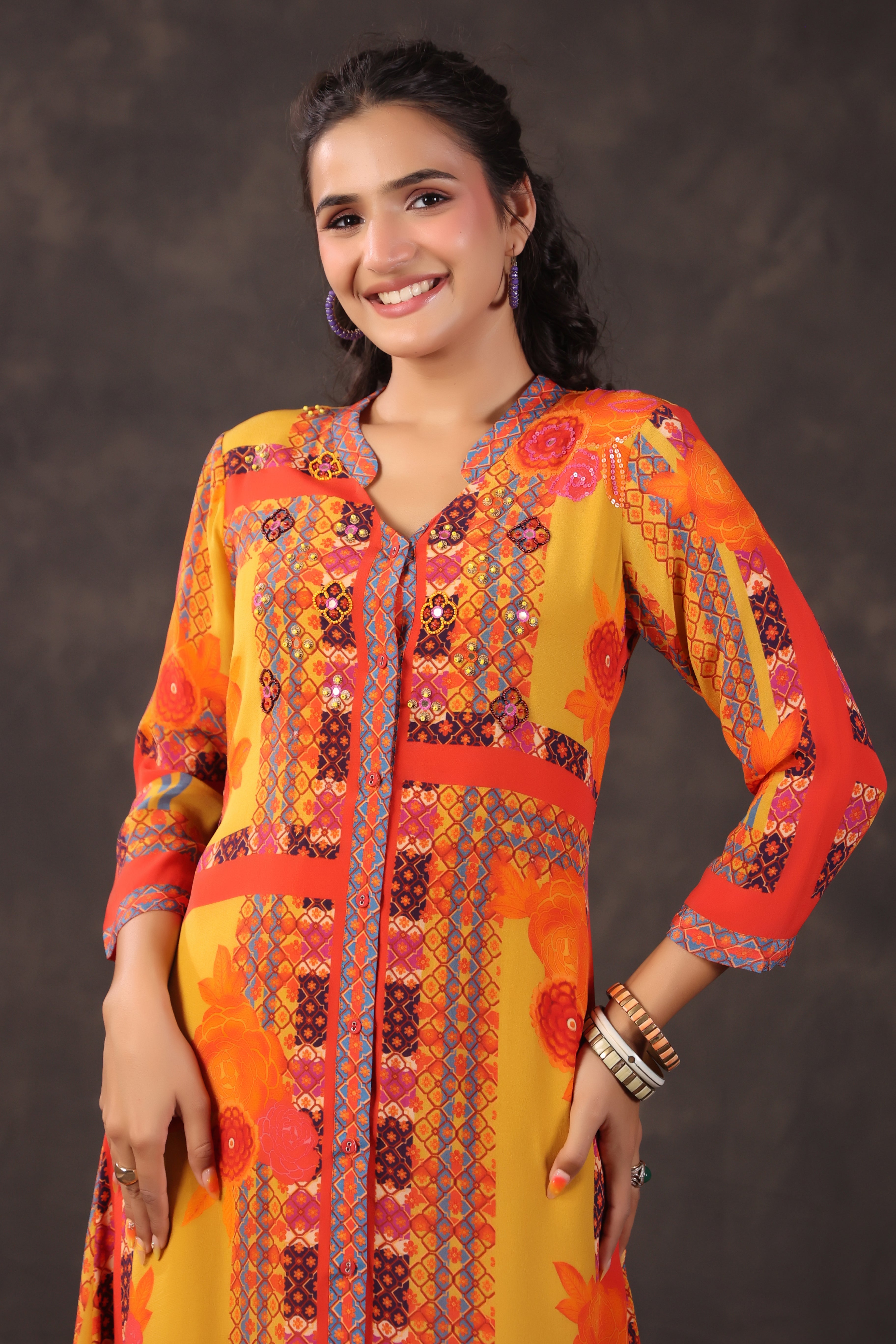 Radiant Ochre Printed Crepe Silk Kurta Set