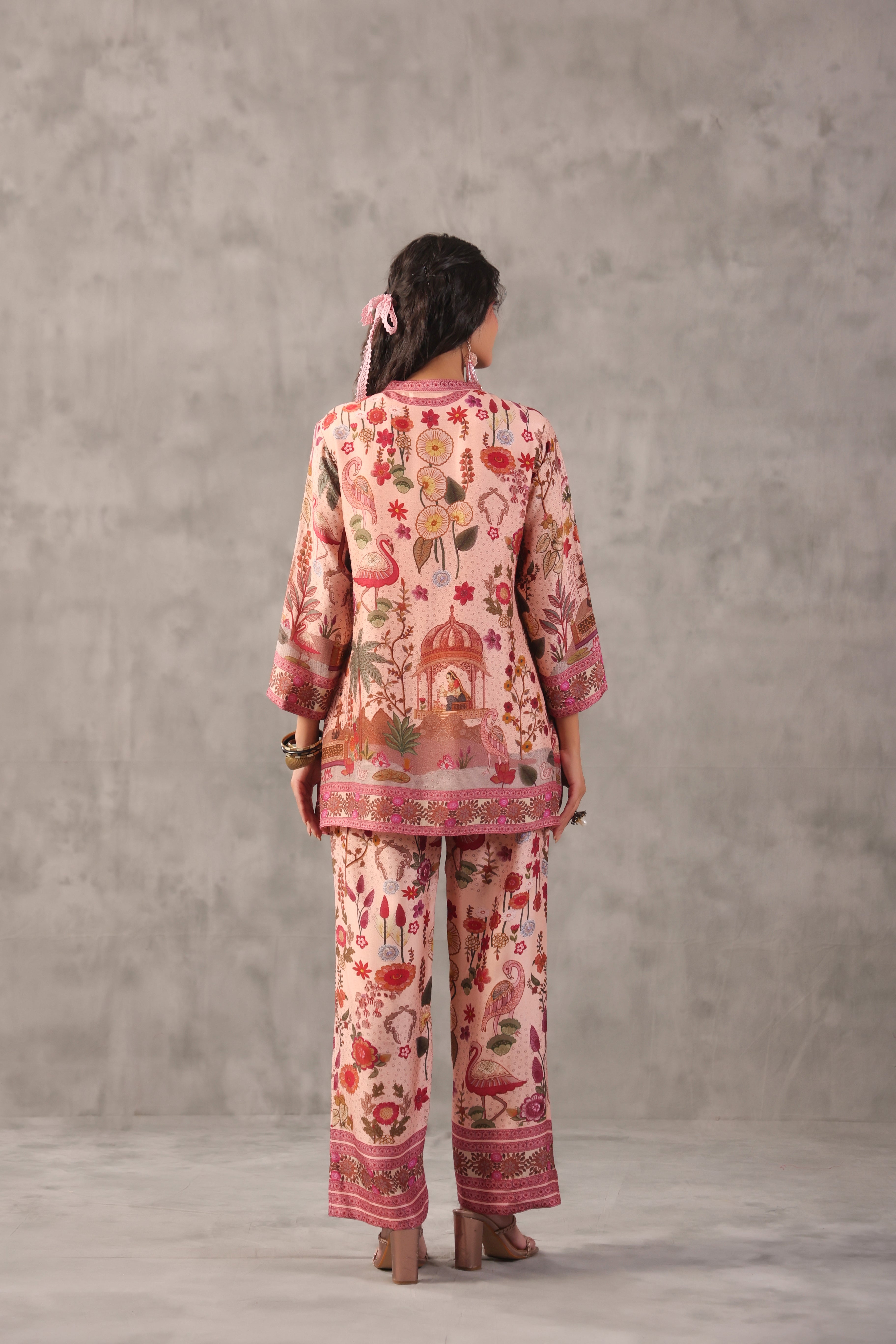 Flamingo Pink Printed Dola Silk Co-Ord Set