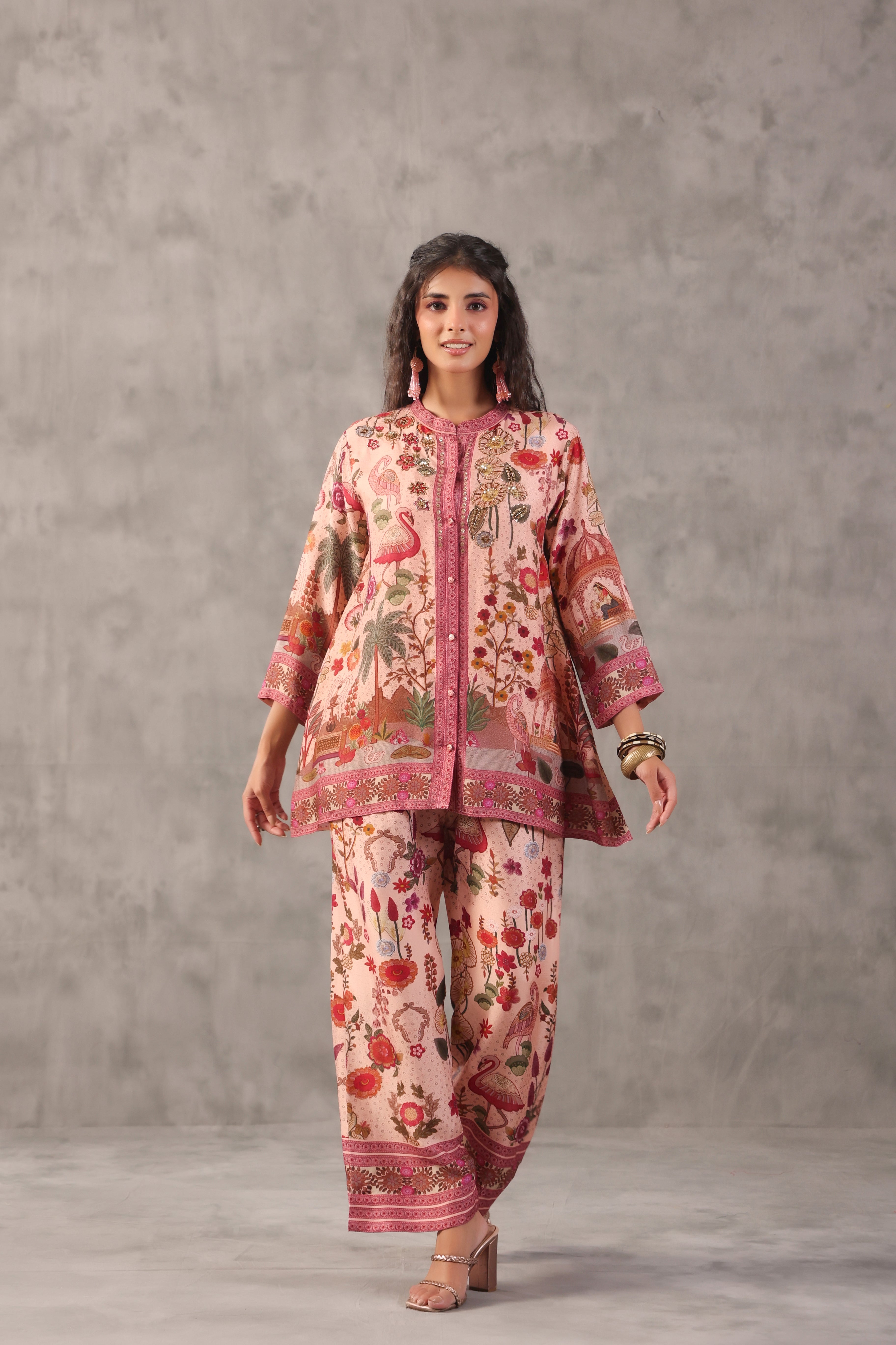 Flamingo Pink Printed Dola Silk Co-Ord Set